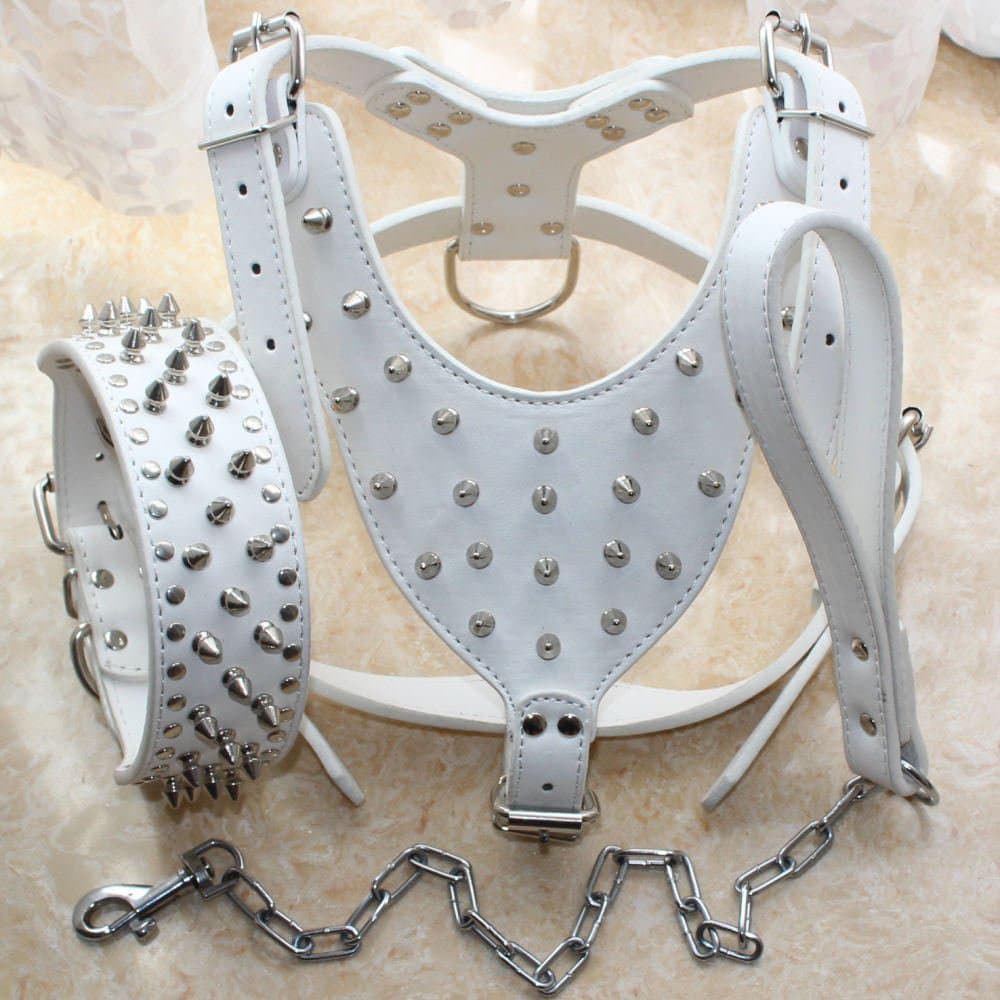 Gray Leather Dog Harness Collar Leash Set Spikes Studs Big Dog Pitbull Doberman Harness&Collar&Leash Colour:White Collar Size:Small 15-18"