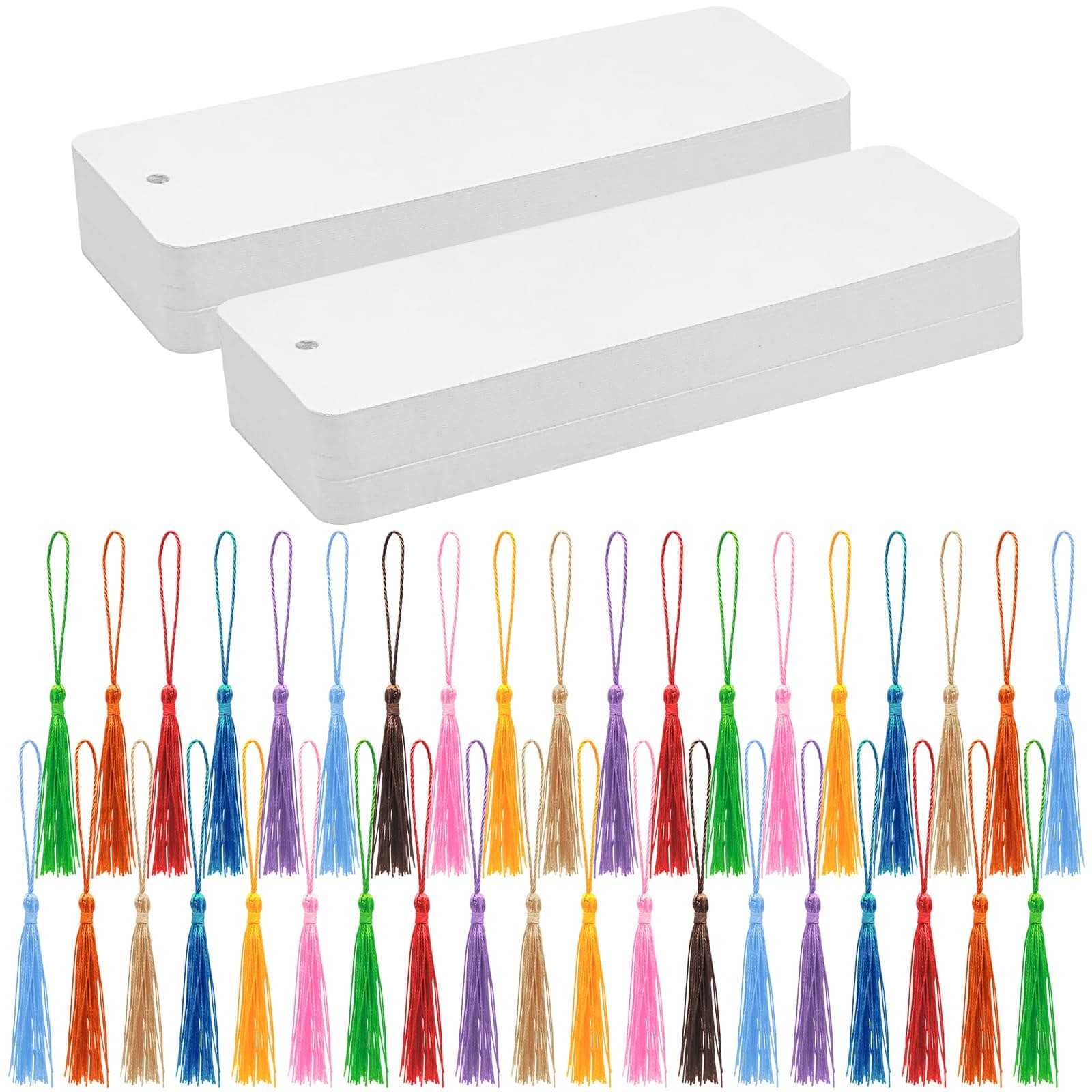 100 Set Blank Bookmarks with Colorful Tassels, White Cardstock Bookmarks Bulk, Craft Paper Book Marks for DIY Projects and Gifts Tags, 5.5 x 2 Inch