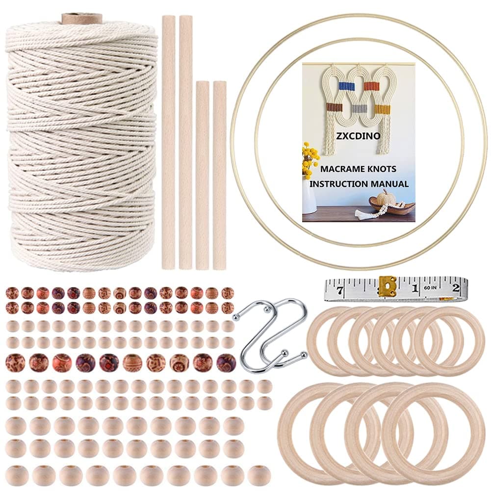 152pcs Macrame Kit for Beginners: Natural Cotton Macrame Cord, Wooden & Metal Rings, Beads, Sticks & Hoops - Perfect for Macrame Plant Hangers & Home Decor