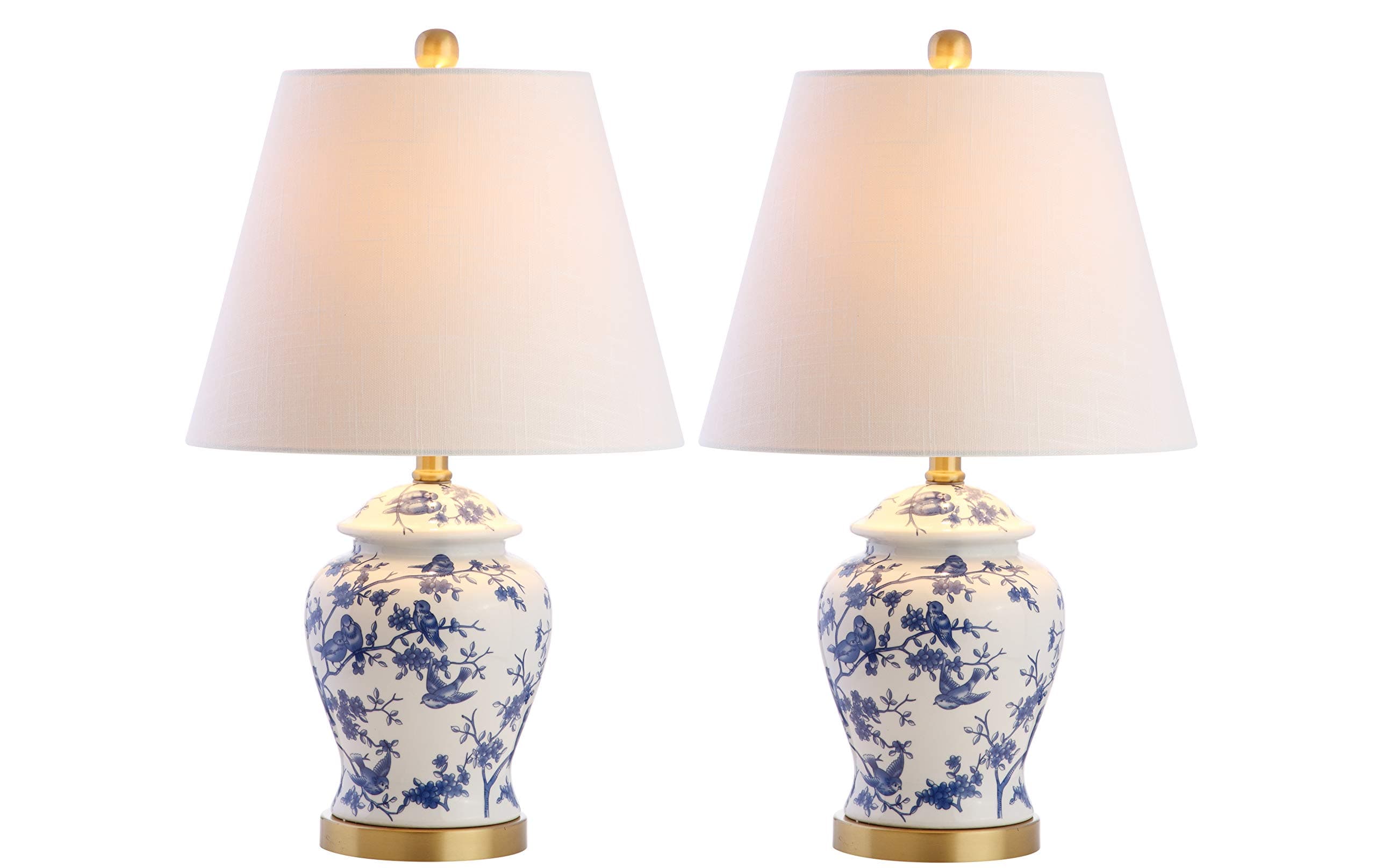 22" Blue/White Ceramic Table Lamp, French Country Chinoiserie Ginger Jar LED Bedside Lamp for Living Room Bedroom, White Linen Shade (JYL3005A-SET2)