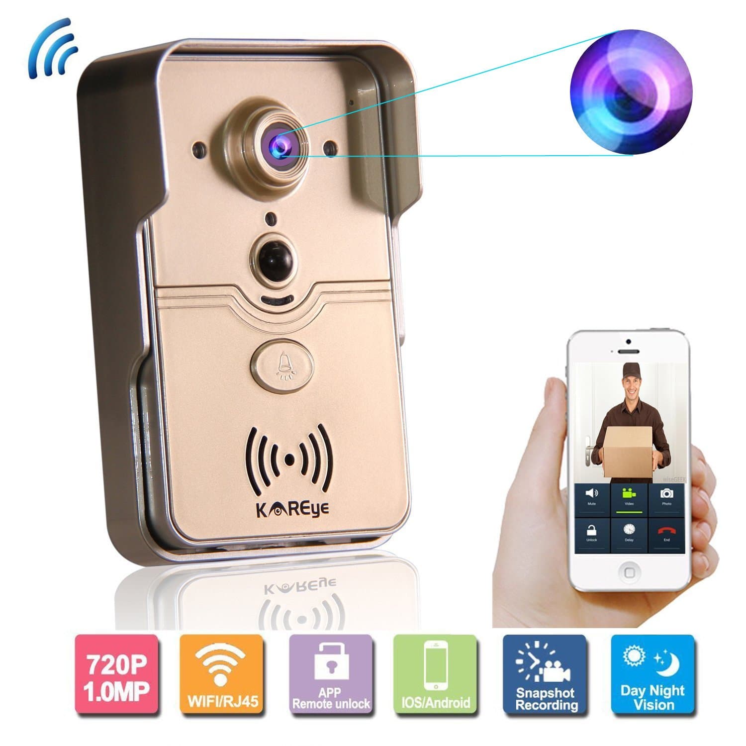 Smart WiFi Video Doorbell with 720P HD Security Camera Monitor Intercom System by KAREye (Remote Control, Motion Detection, iOS/Android System)