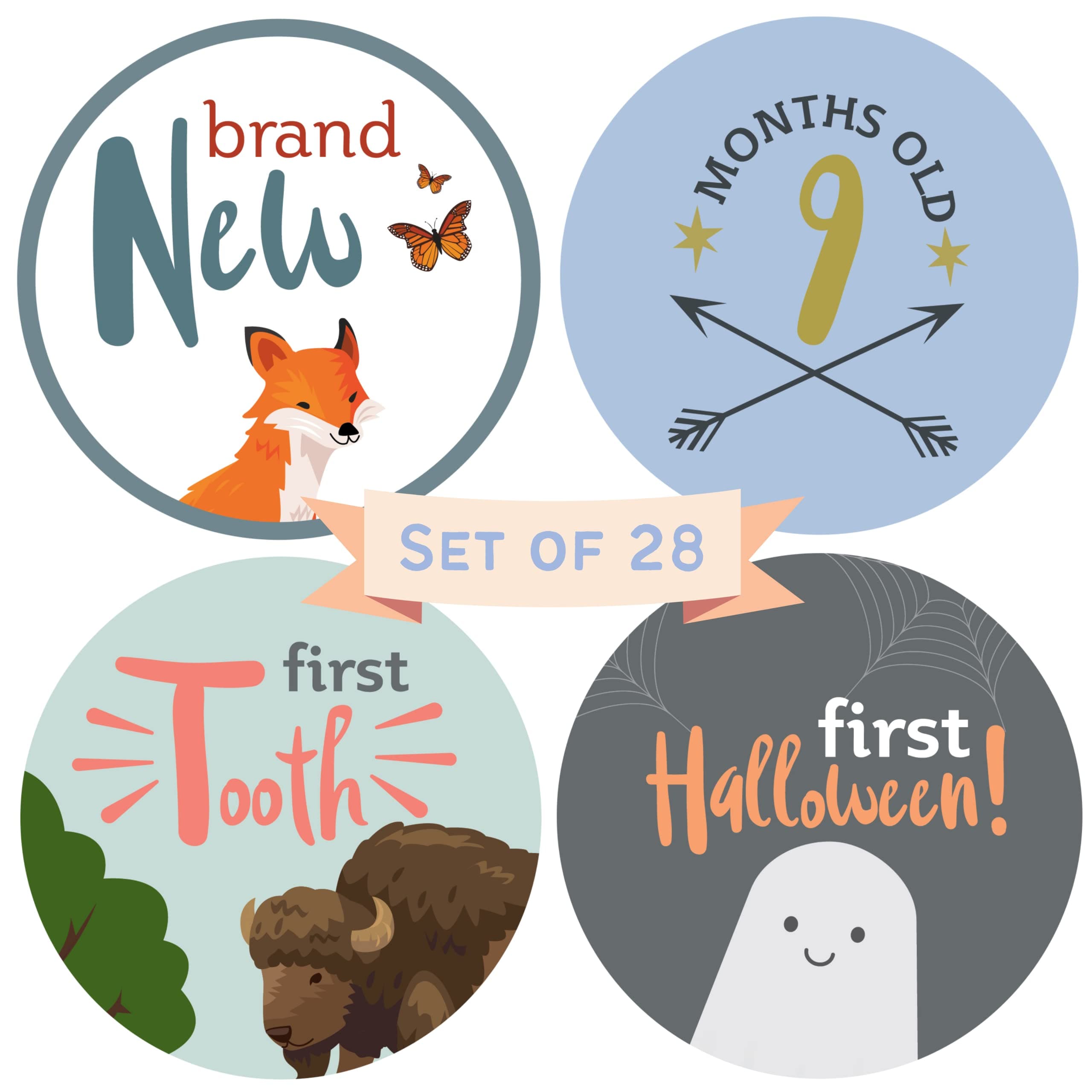 RubyRoo Baby Milestone Stickers - Monthly Stickers for Boy - 28 Pack - Includes 12 Monthly,1st Year Milestones & First Holidays - Perfect Baby Shower & Newborn Birthday Gift (Woodland)