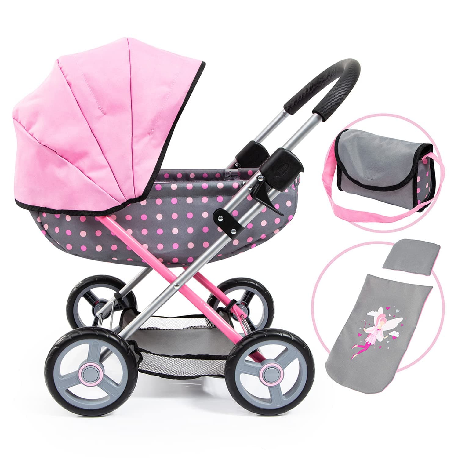 Pram Cosy, Fairy Poka Dot Grey Pink - Includes Blanket+Pillow+Handbag, for Dolls Up to 18", Ages 3+