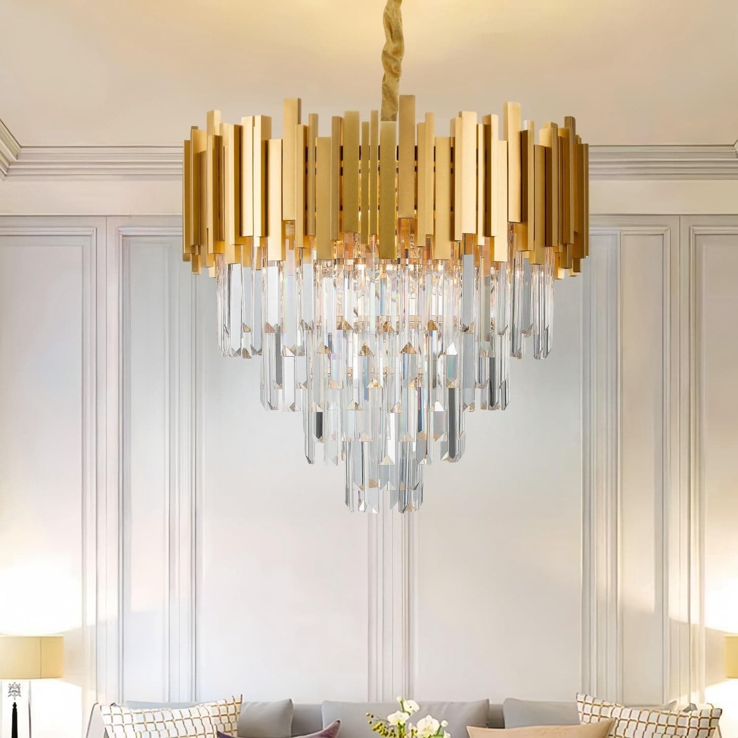 HUA QIANG WANG Crystal Chandeliers Modern 4-Tier Flush Mount Ceiling Light Raindrop 20'' Gold Pendant Light for Dining Room Living Room Bedroom