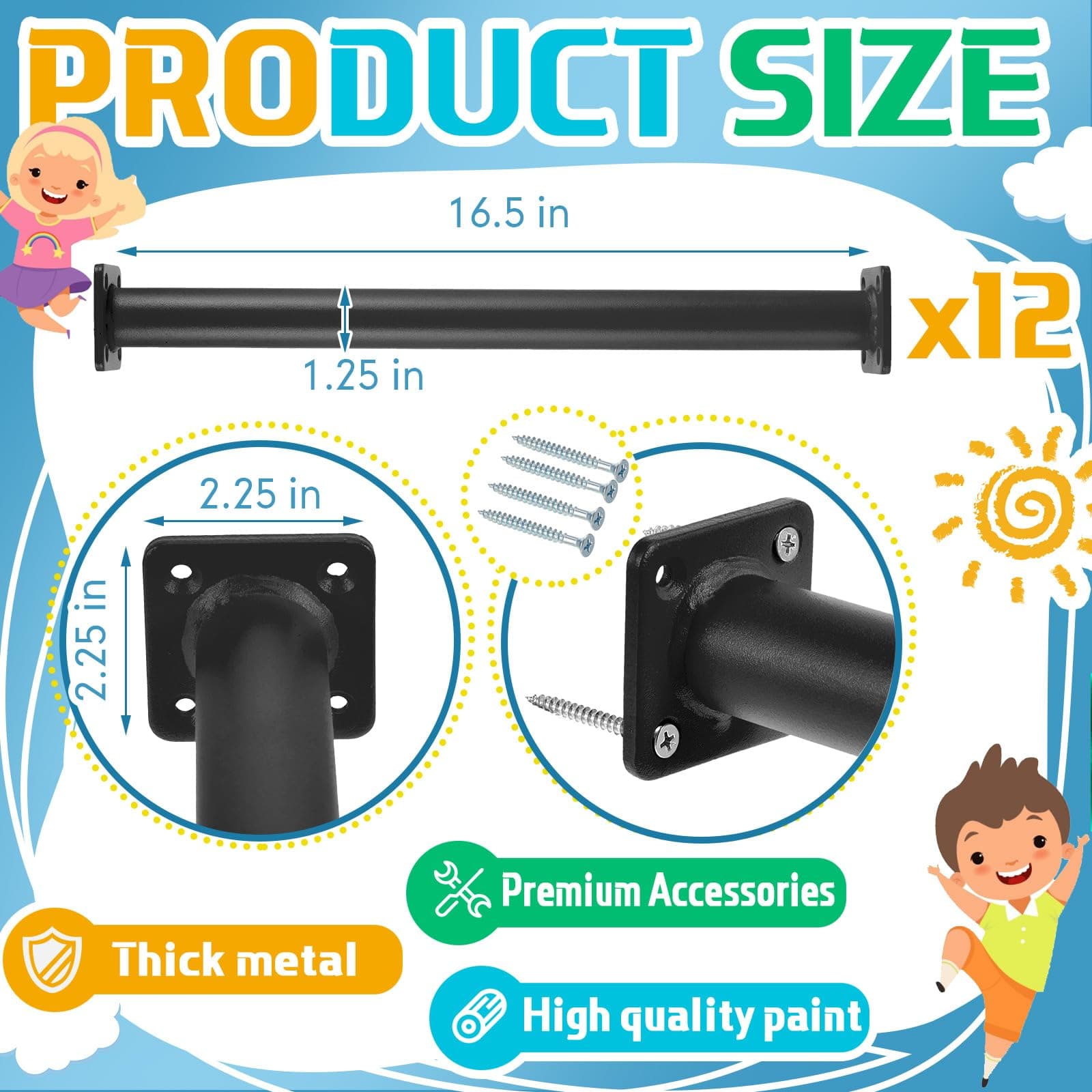 Dunzy 12 Pack Monkey Bars Swing Set Accessories Rods Playset Ladder Rungs Hardware Kit Steel Monkey Bar with Screws for Backyard Playground Equipment Mounting Plates(16.5 Inch,Black)