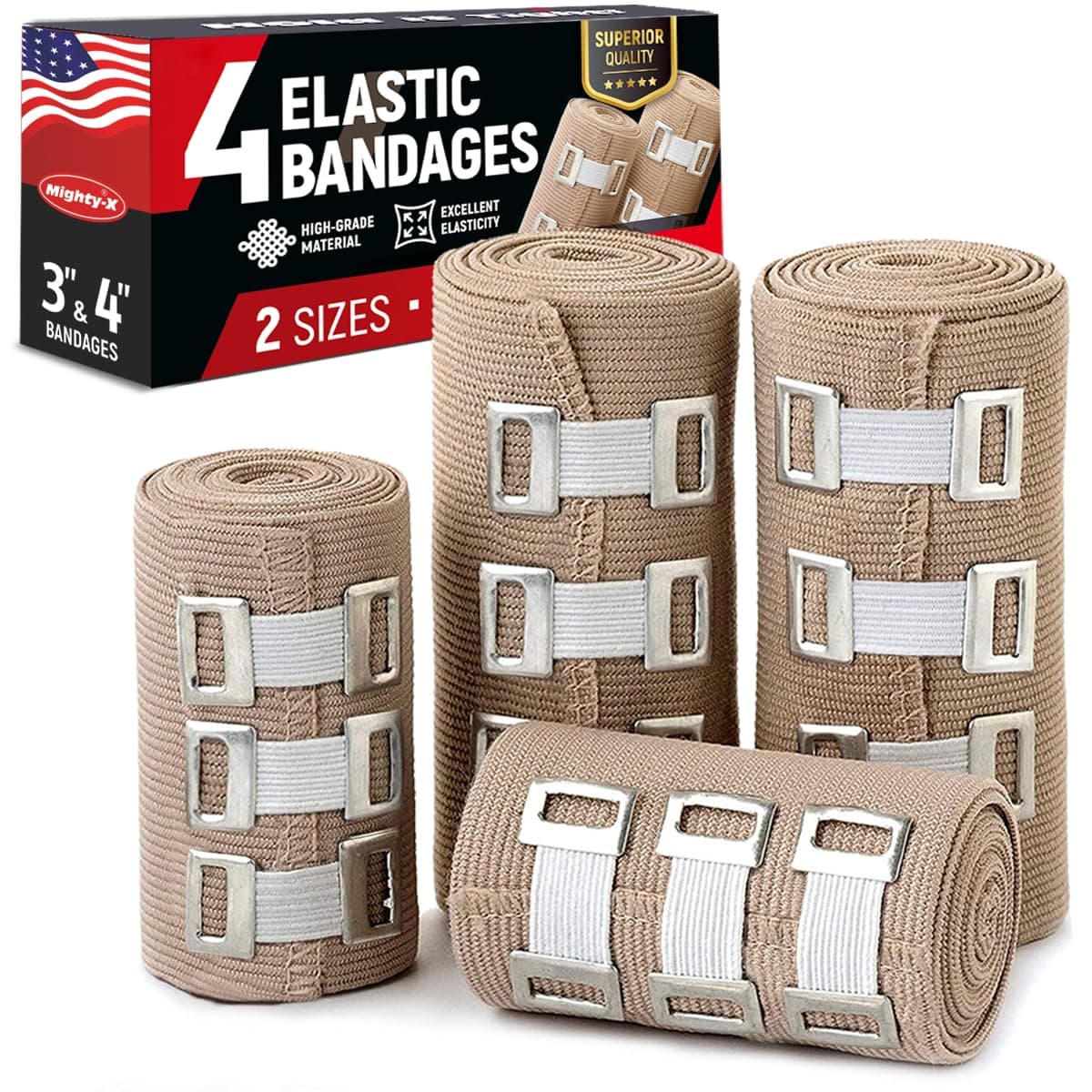 Premium Elastic Bandage Wrap - 4pk (2x3in, 2x4in) + 12 Extra Clips - Strong Compression Bandage Wrap for Leg, Arm, Wrists, Elbow, Ankles, Feet and Knees - for First Aid Kit and After Surgery Recovery