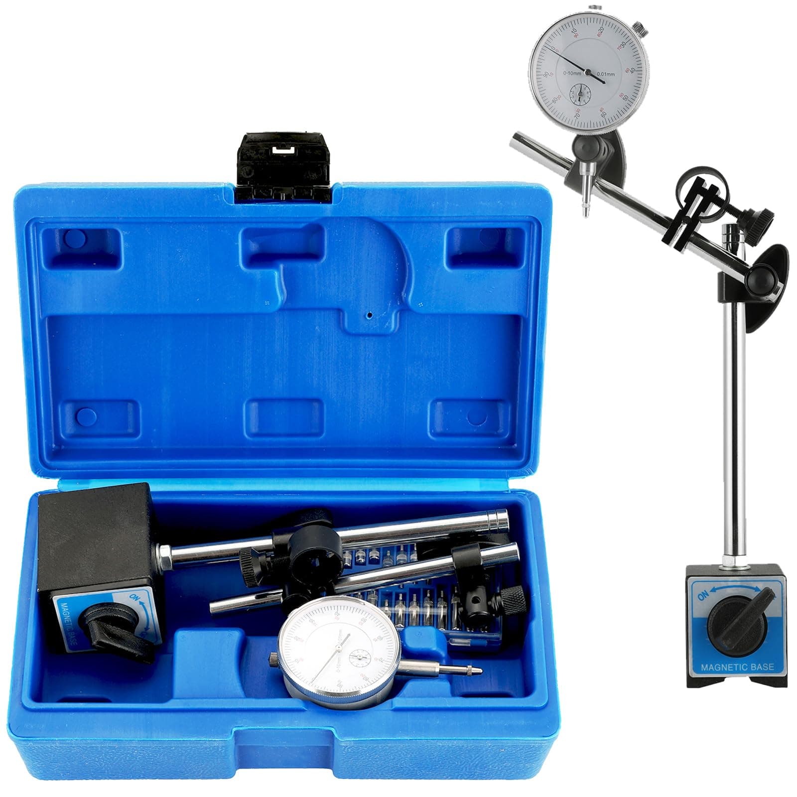 DASBET 110Lbs Magnetic Base with Fine Adjustment, 0-10mm Range Dial Indicator Magnetic Dial Indicator Holder Set in Strong Carry Box