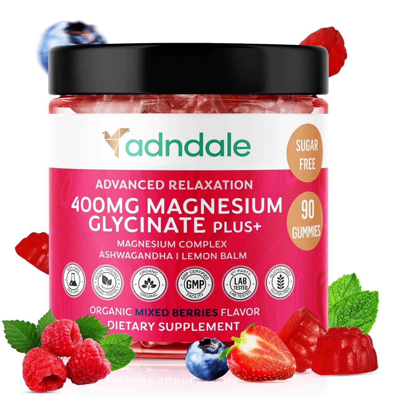 Adndale 90 CT Magnesium Glycinate 400 mg Gummies with Ashwagandha, Magnesium Malate & Taurate, Sugar Free Magnesium Gummies for Adults & Kids.