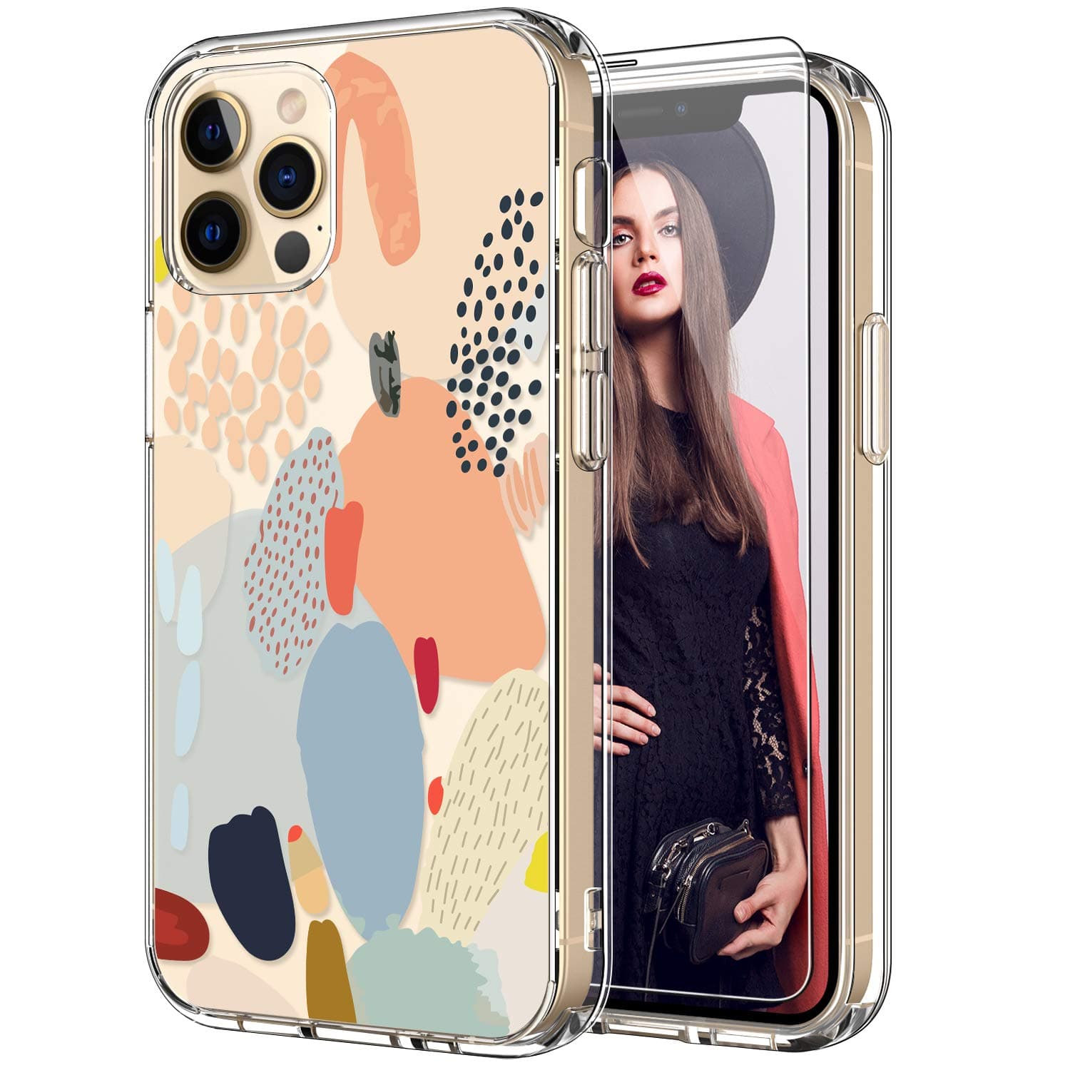 ICEDIO for iPhone 12 Pro Max Case with Screen Protector,Fashionable Multi-Colored Painting Patterns for Girls Women,Slim Fit Clear TPU Cover,Protective Phone Cover