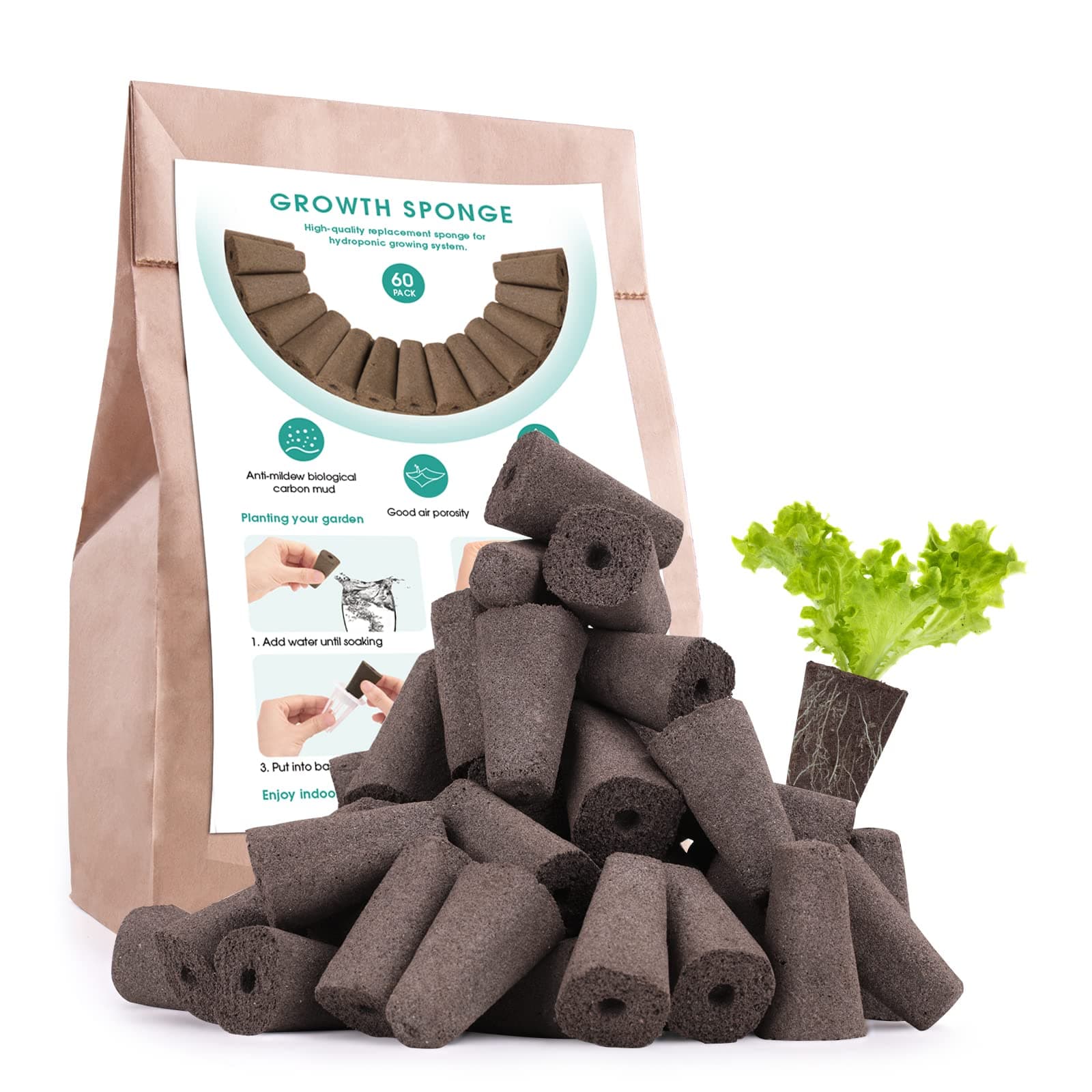 VIC VSEE 60 Pack Replacement Grow Sponges, Brown, Indoor/Outdoor, Hydroponic