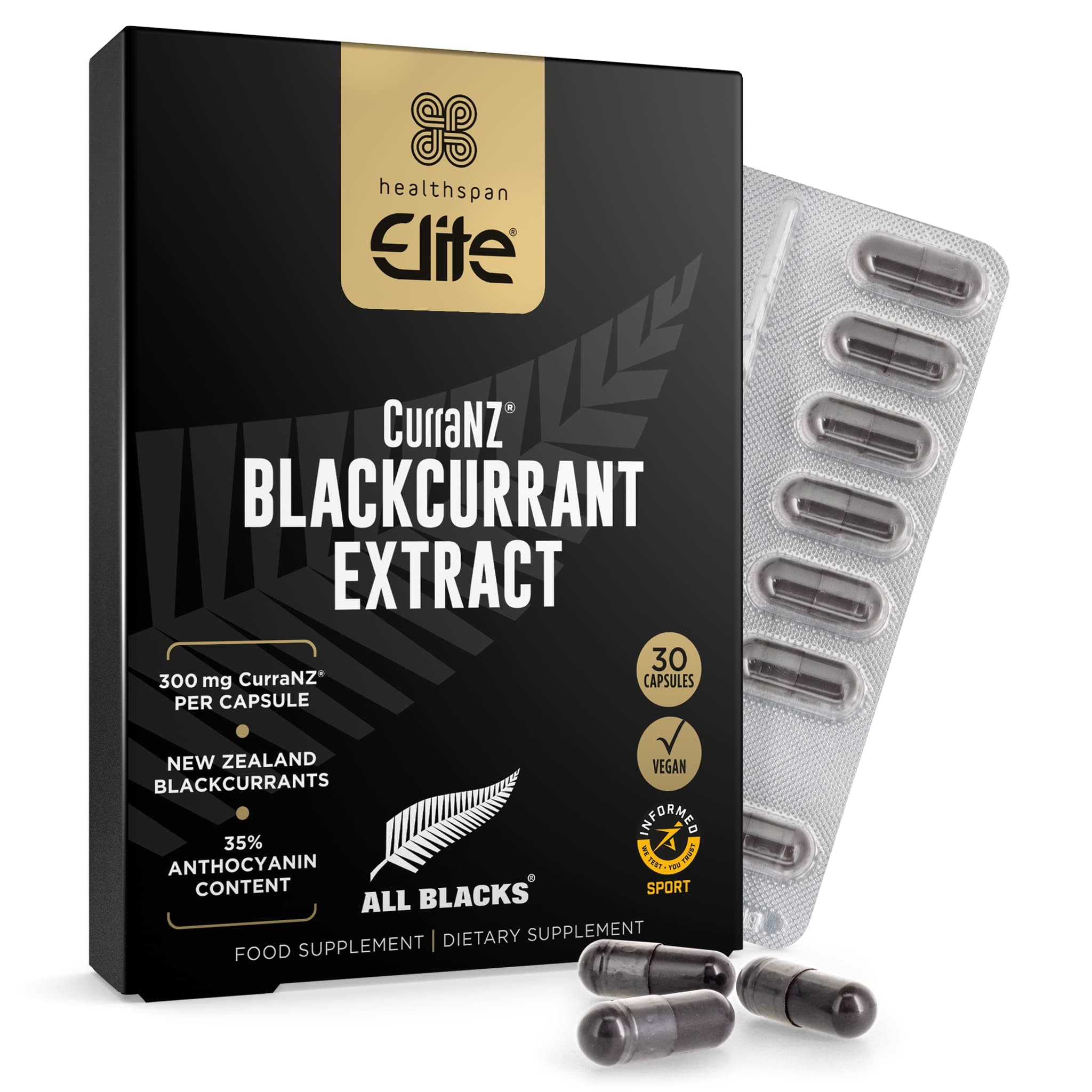 Healthspan Elite All Blacks CurraNZ Blackcurrant Extract 300mg (1 Month Supply) | Helps The Body Overcome Stress & Exertion | 300mg Natural Extract Per Capsule | 35% Anthocyanin | Vegan Friendly
