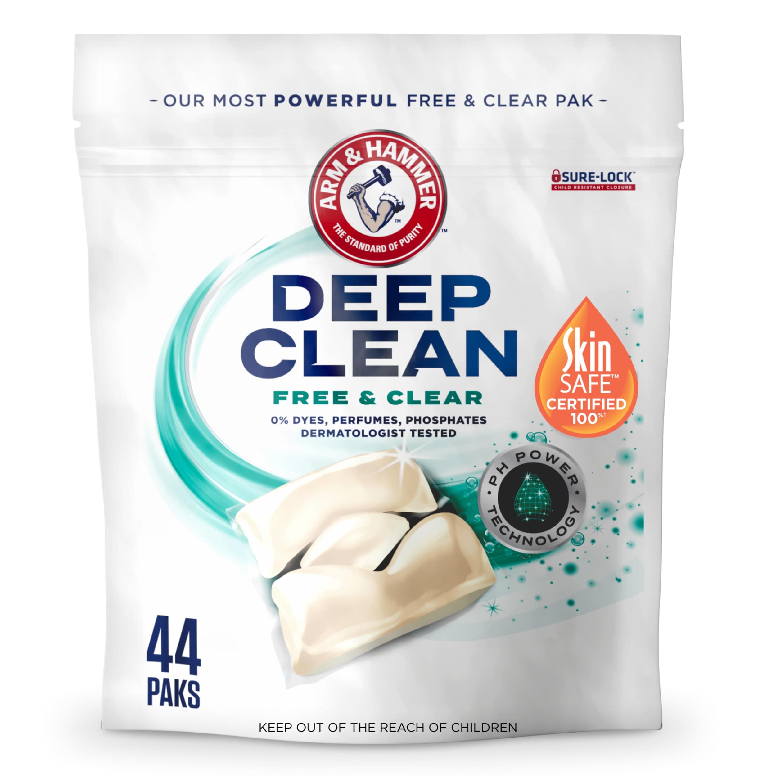 Deep Clean Free & Clear Power Paks Concentrated Laundry Detergent, Free of Dyes, Perfumes and Phosphates, Dermatologist Tested, 44 Count