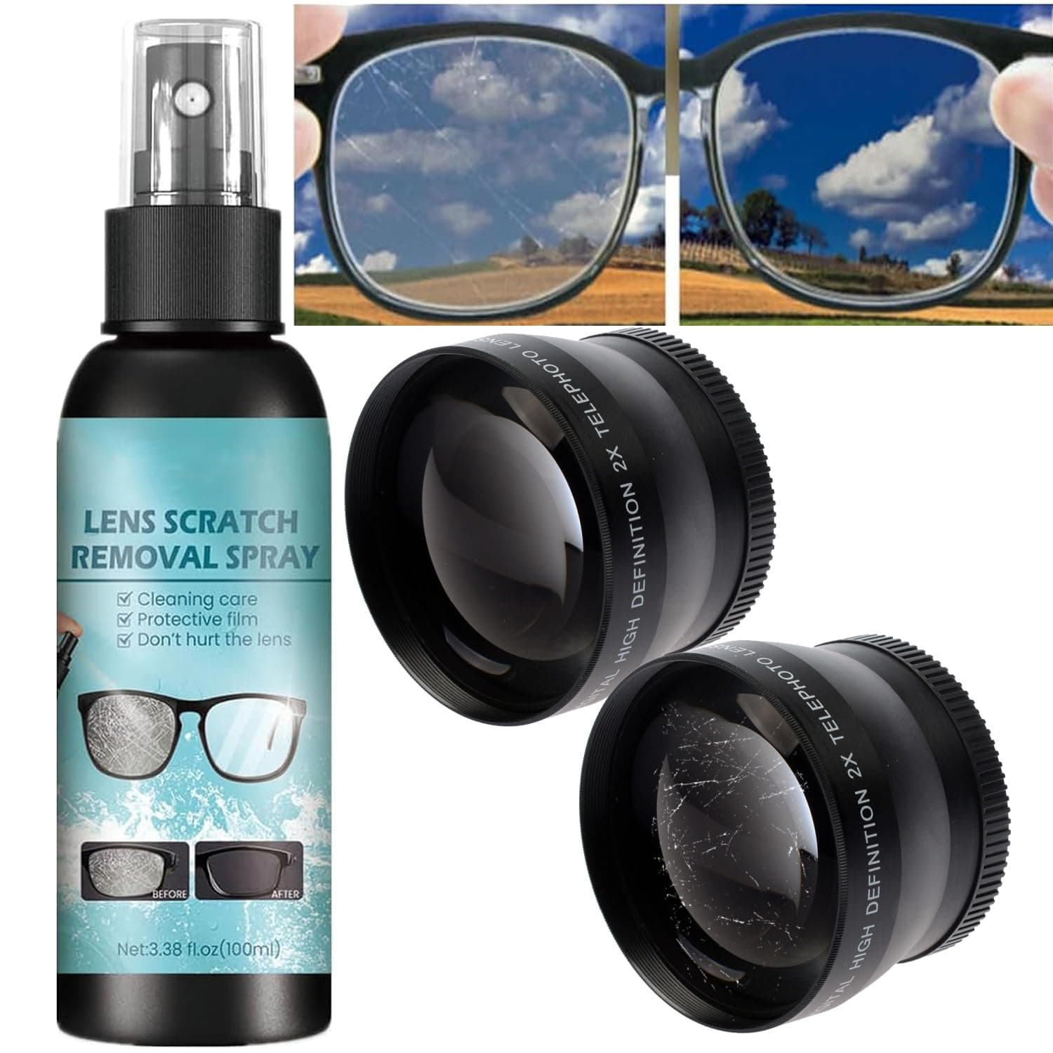 SELLERFLOR Lens Scratch Removal Spray Eyeglass Windshield Glass Repair Liquid Eyeglass Glass Scratch Repair Solution Camera Lens Scratch Remover Glasses Cleaner Sunglasses Screen Cleaner(100ml)