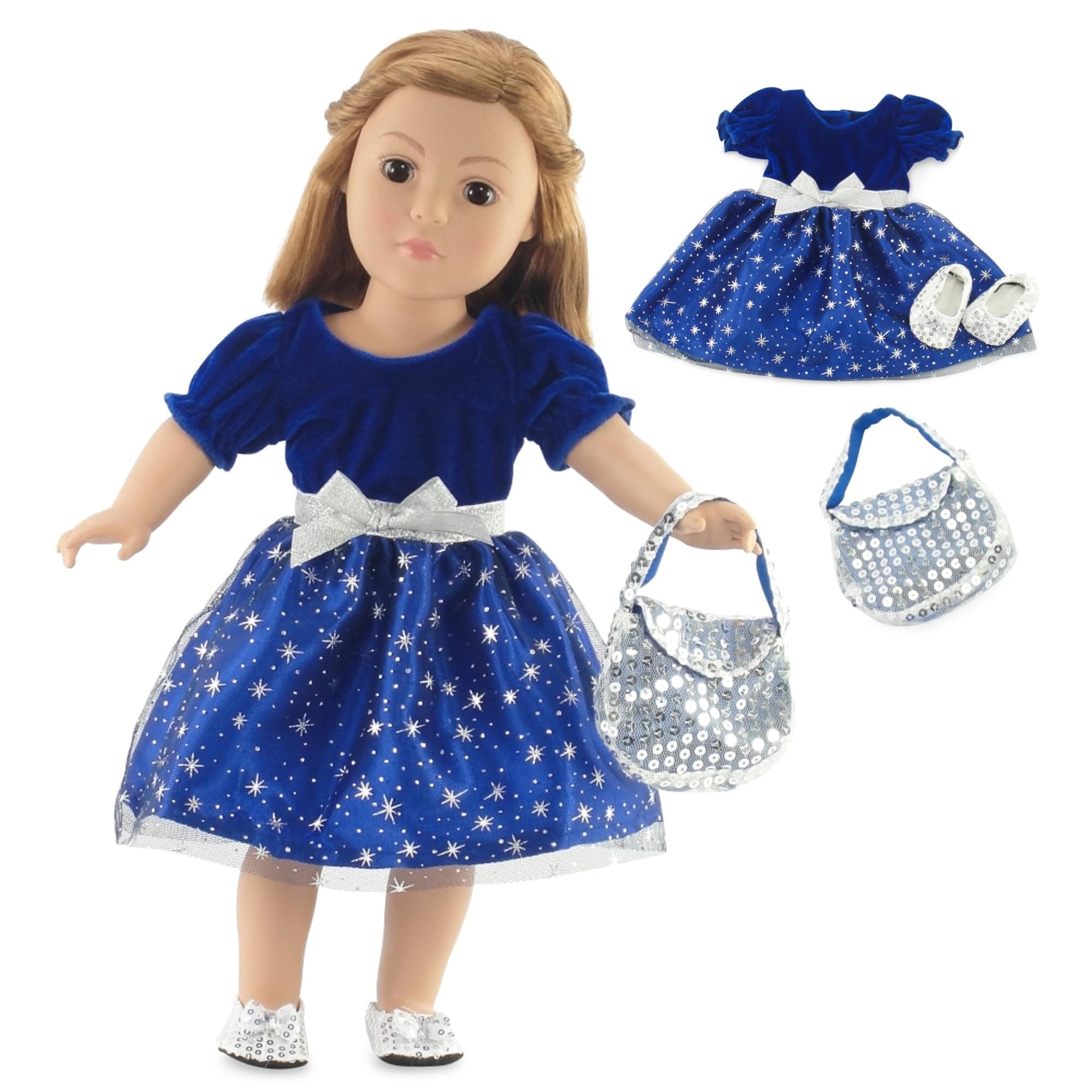 Emily Rose 18" Doll Holiday Dress Set - Midnight Star Sparkly Blue Party Dress with Silver Sequin Shoes & Purse - Premium Gift Boxed Outfit Compatible with American Girl & Most 18 Inch Dolls