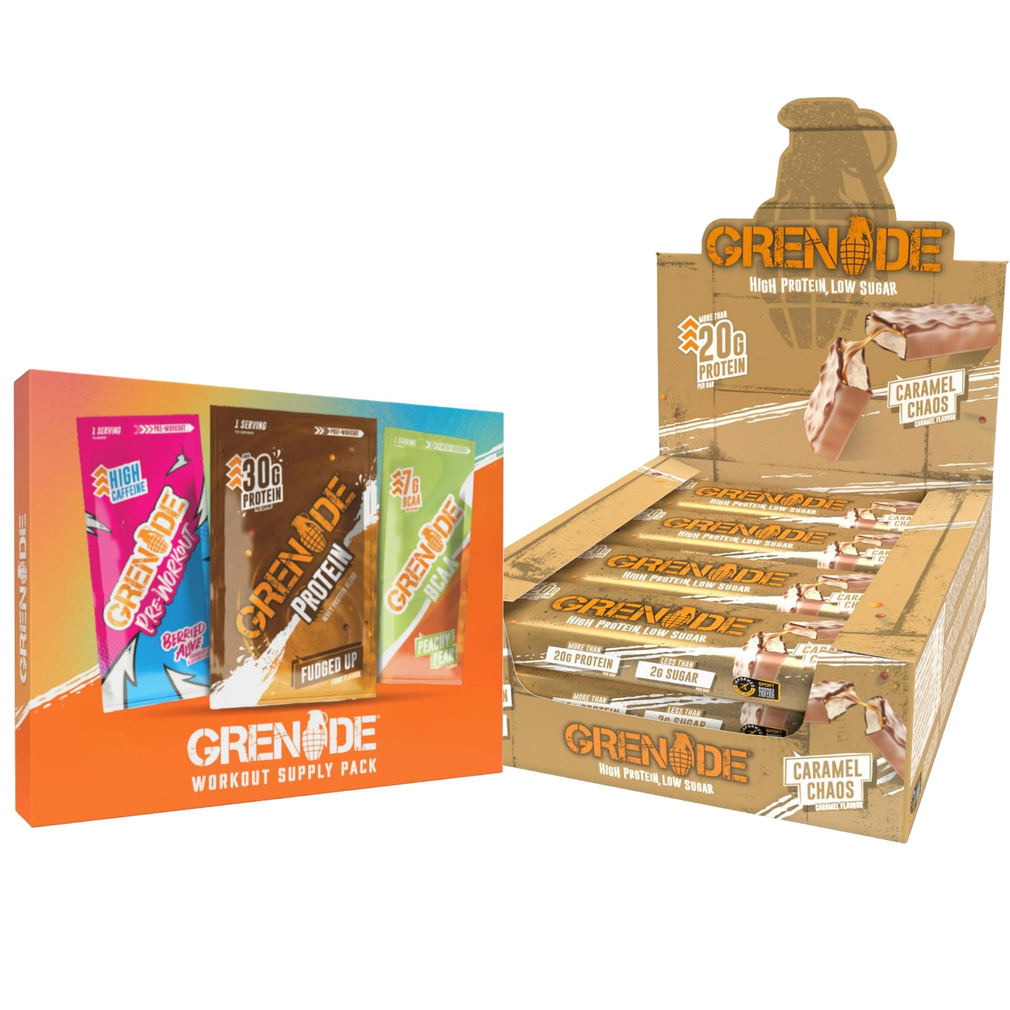 Grenade High Protein, Low Sugar Bar - Caramel Chaos, 12 x 60 g & Grenade Workout Sample Bundle, Single Serving per Supplement Powder