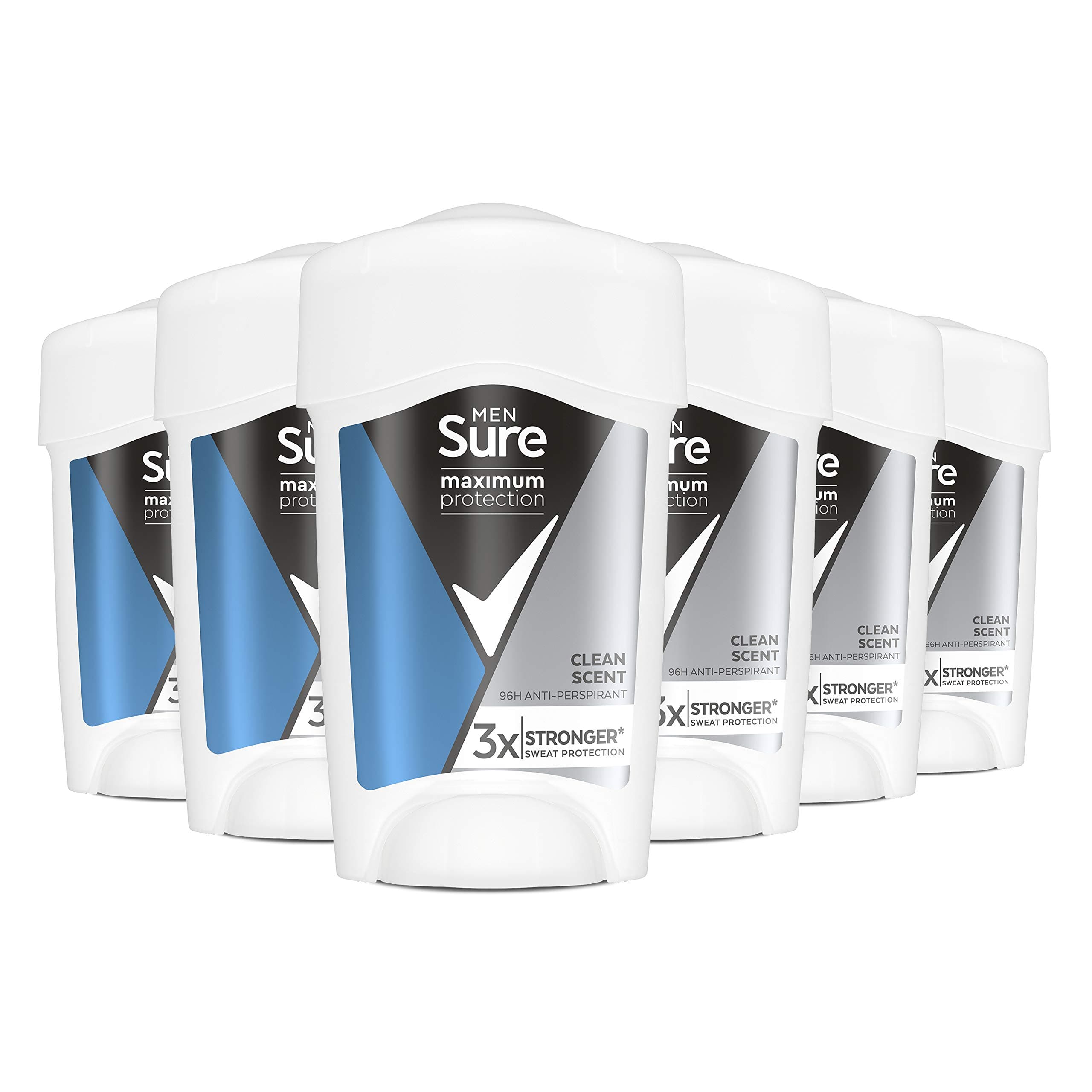 Sure Men Maximum Protection Clean Scent Antiperspirant Deodorant Cream Stick with 3x stronger* sweat protection for 96 hour sweat and odour protection 45 ml, Pack of 6