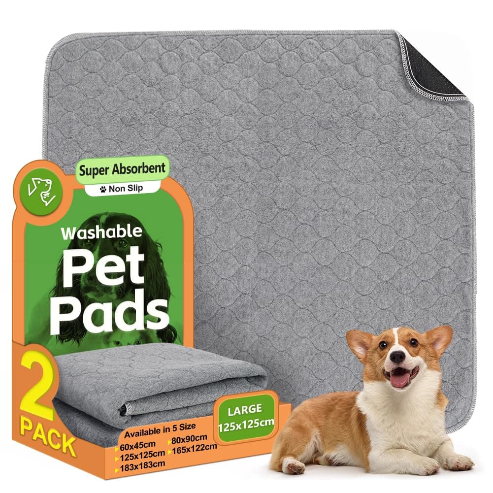 2 Pack Washable Dog Pee Pads - Instantly Absorbent and Reusable for Puppy Training - Waterproof Pet Mat for Dogs, Rabbits, Bunnies, and Small Animals - 125x125cm