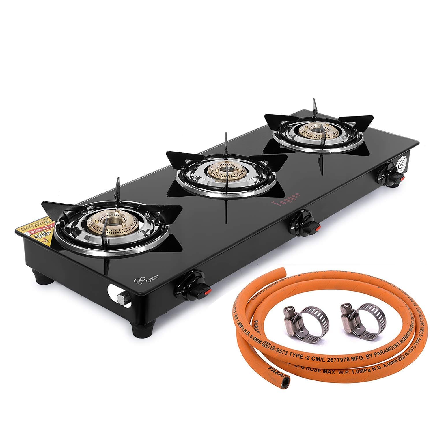 Fogger 3 Burner Gas Stove with 1.5 Metre LPG Suraksha Hose Pipe (Glass Top, ISI Certified)