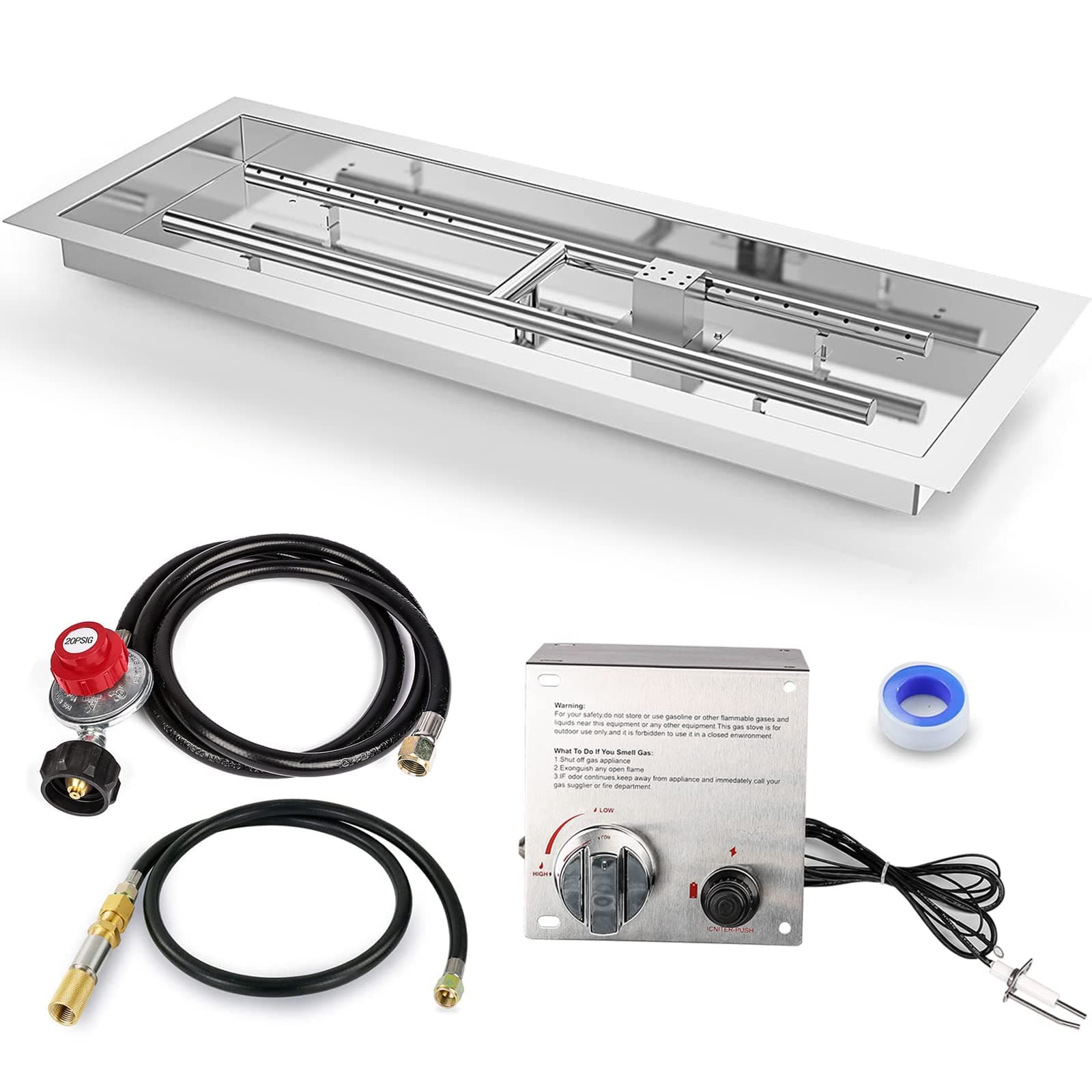 Drop-in Fire Pit Kit 36 x 12 Inch, H-Shape Burner with Pan, Comes with Upgraded Spark Ignition Kit for Gas Fire Pit, Fire Pit Table Insert Stainless Steel for Indoor Outdoor Decoration