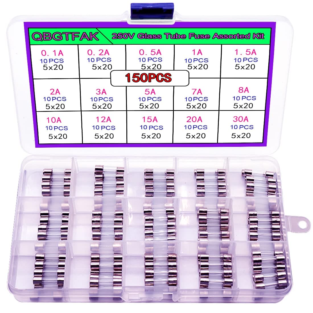 15 Values 150pcs Quick Blow Glass Tube Fuse Assorted Kit 5x20mm 250V 0.1A, 0.2A, 0.5A, 1A, 1.5A, 2A, 3A, 5A, 7A, 8A, 10A, 12A, 15A, 20A, 30A (5x20mm)