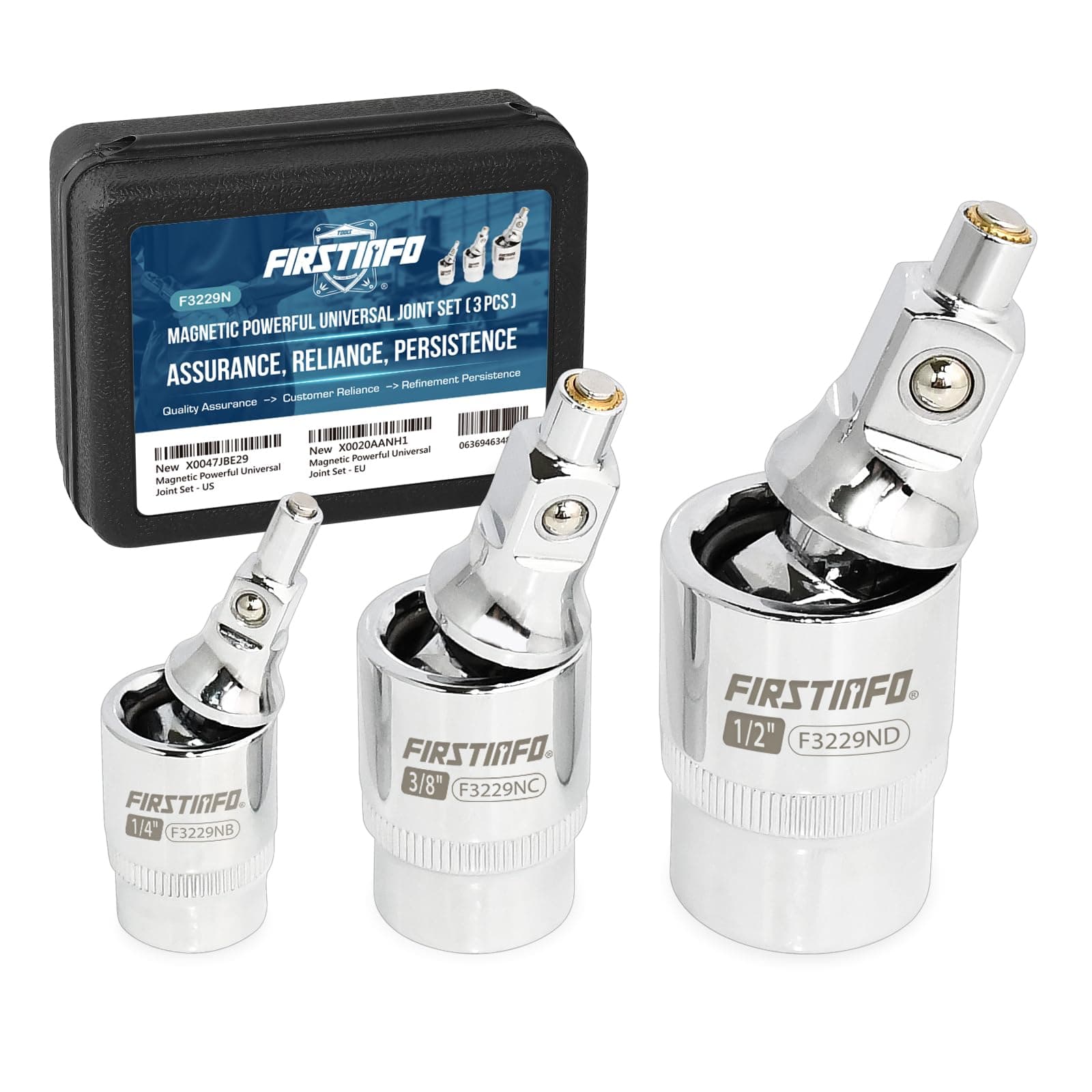 FIRSTINFO F3229N 3-Piece Magnetic 2-Stage Universal Joint Set | 2-Stage Design Changes Socket from Swivel to Fixed Position|1/4-Inch, 3/8-Inch, and 1/2-Inch Drive