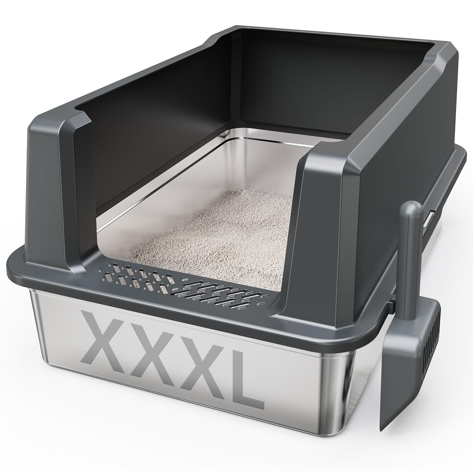 Suitfeel XXL Stainless Steel Cat Litter Box, Extra Large 28"x20.5"x14" Metal Litter Box High Sides for Big Cats&Multiple Cats, Jumbo with lid Easy to Clean, No Odor, Non-Sticky (Deep Grey, XXX-Large)