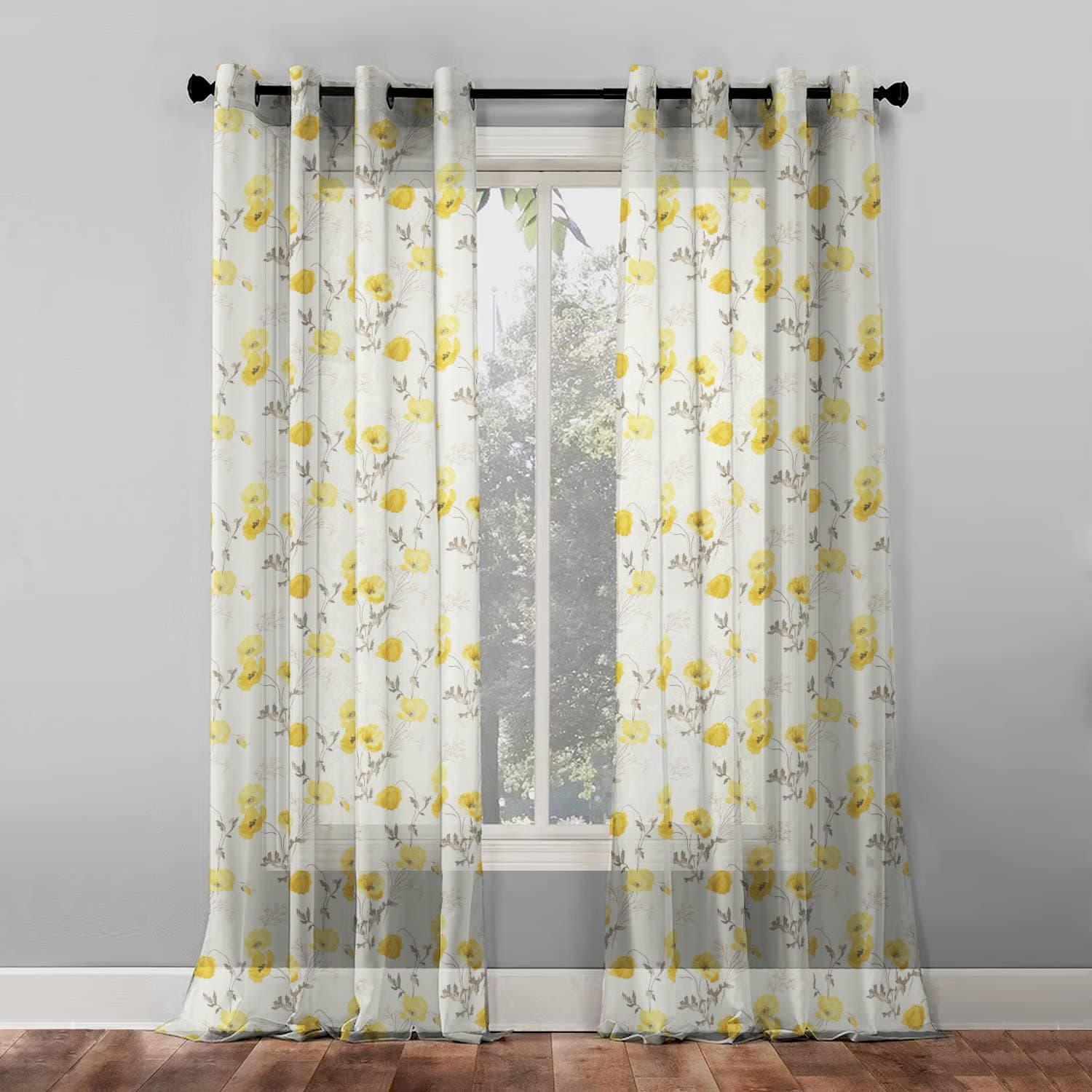 SPACES DRAPE STORY Polyester Elegant Floral Digital Print Sheer Semi Transparent Curtain, Set Of 2 (2.5Ft X 7Ft) Grommet Door Curtain, Yellow
