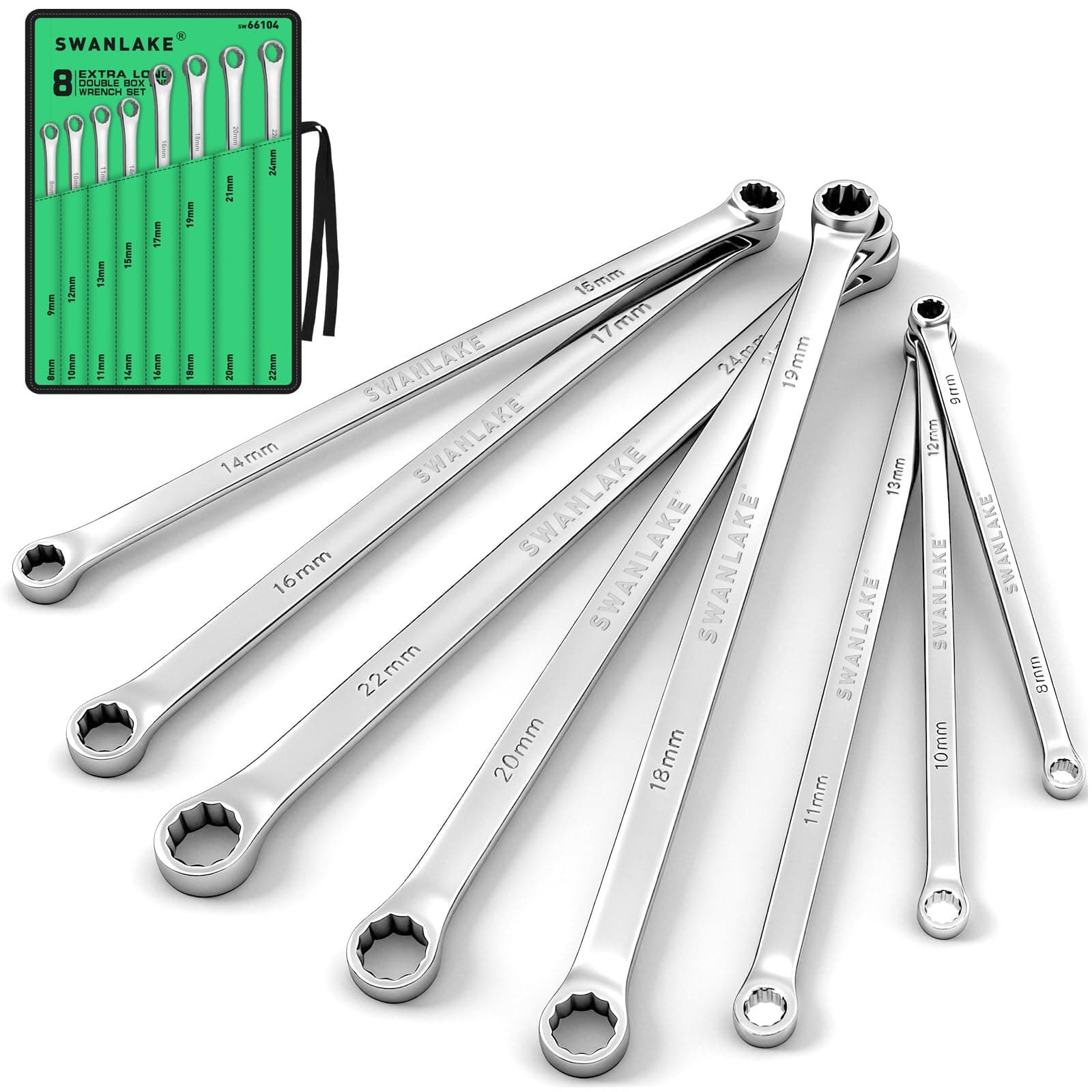 SWANLAKE 8PCS Extra Long Double Box End Wrench Set, CR-V, Less Effort Aviation Wrench Metric 8mm - 24mm