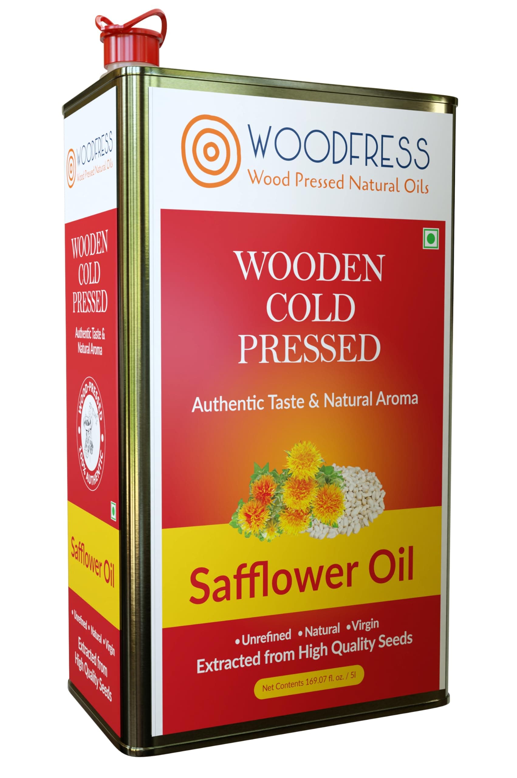 - WOODFRESS Cold Pressed Safflower Oil 5 Litre, Freshly Hulled, 25kg Seeds for 5L Pure Woodpress Oil, Wood Pressed Kardai/Kardi Tel (Lakdi Ghani/Marachekku) for Healthy Cooking, Metal Tin 5L