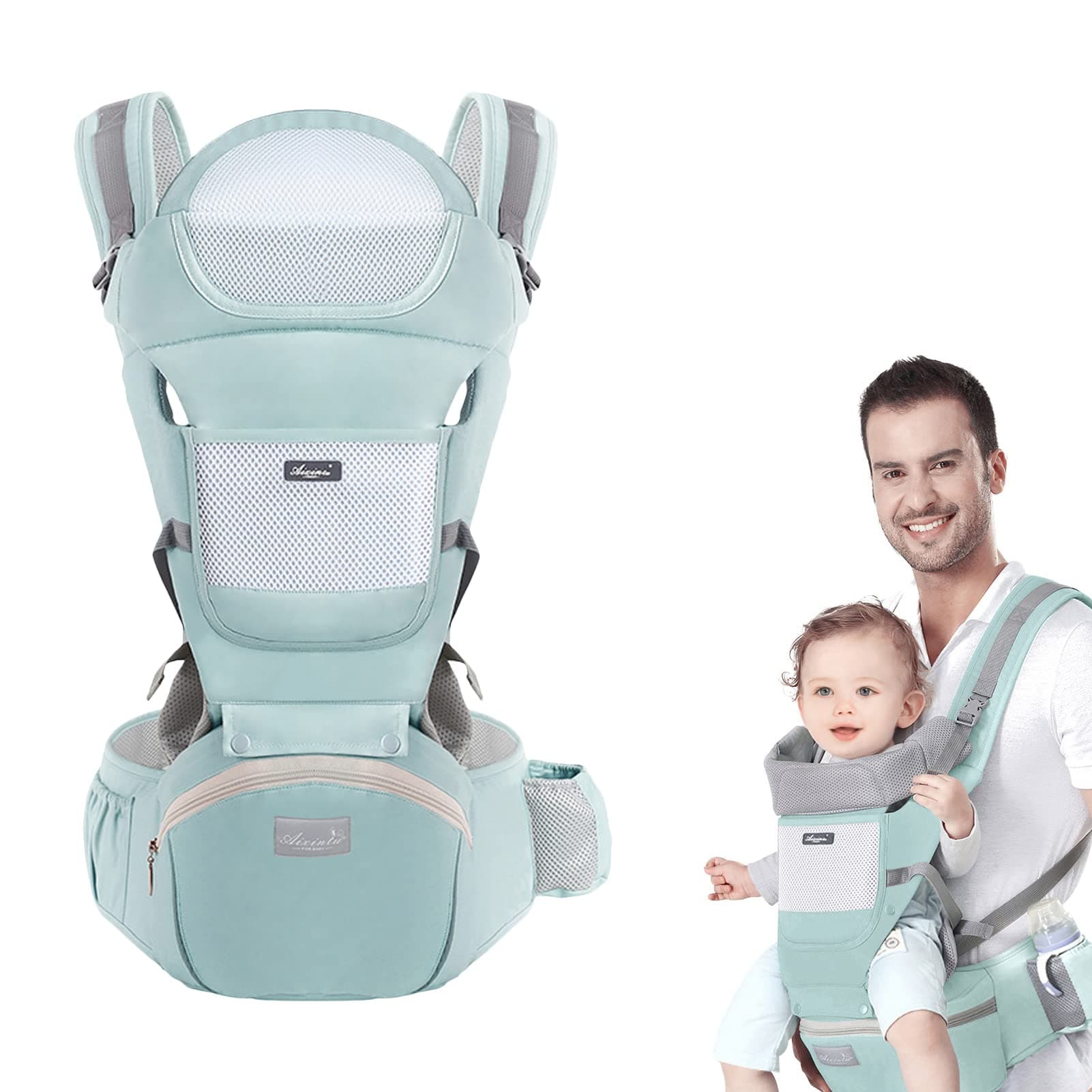 Baby Carrier with Hip Seat, Multi-Functional 9 in 1 Baby Wrap Carrier Newborn to Toddler for All Seasons Ergonomic Baby Sling Carrier Hands Free Baby Backpack 7-45 lbs (Green)