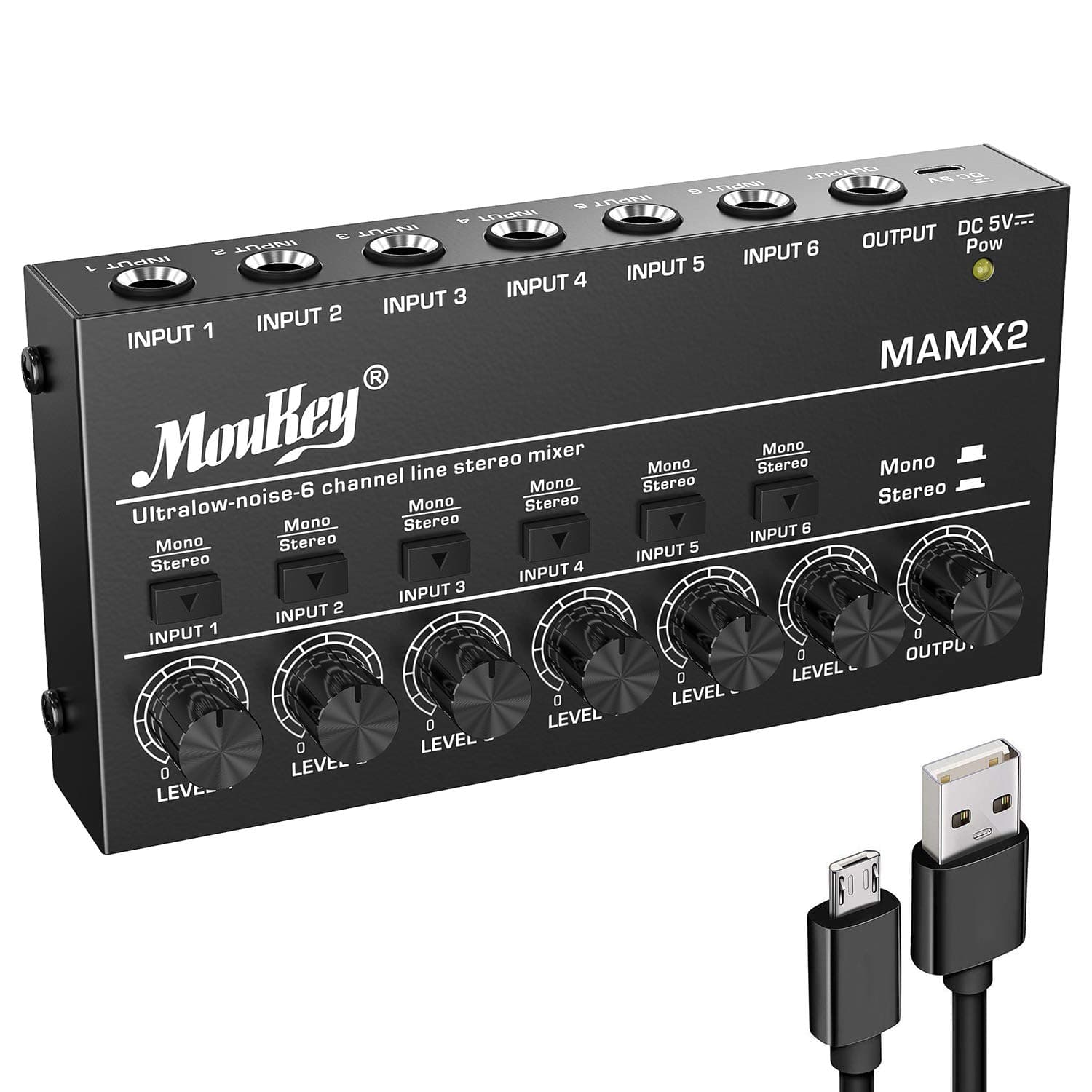 Moukey Audio Mixer USB DC 5V Ultra Low Noise Submixing Line Mixer (6 Channels)