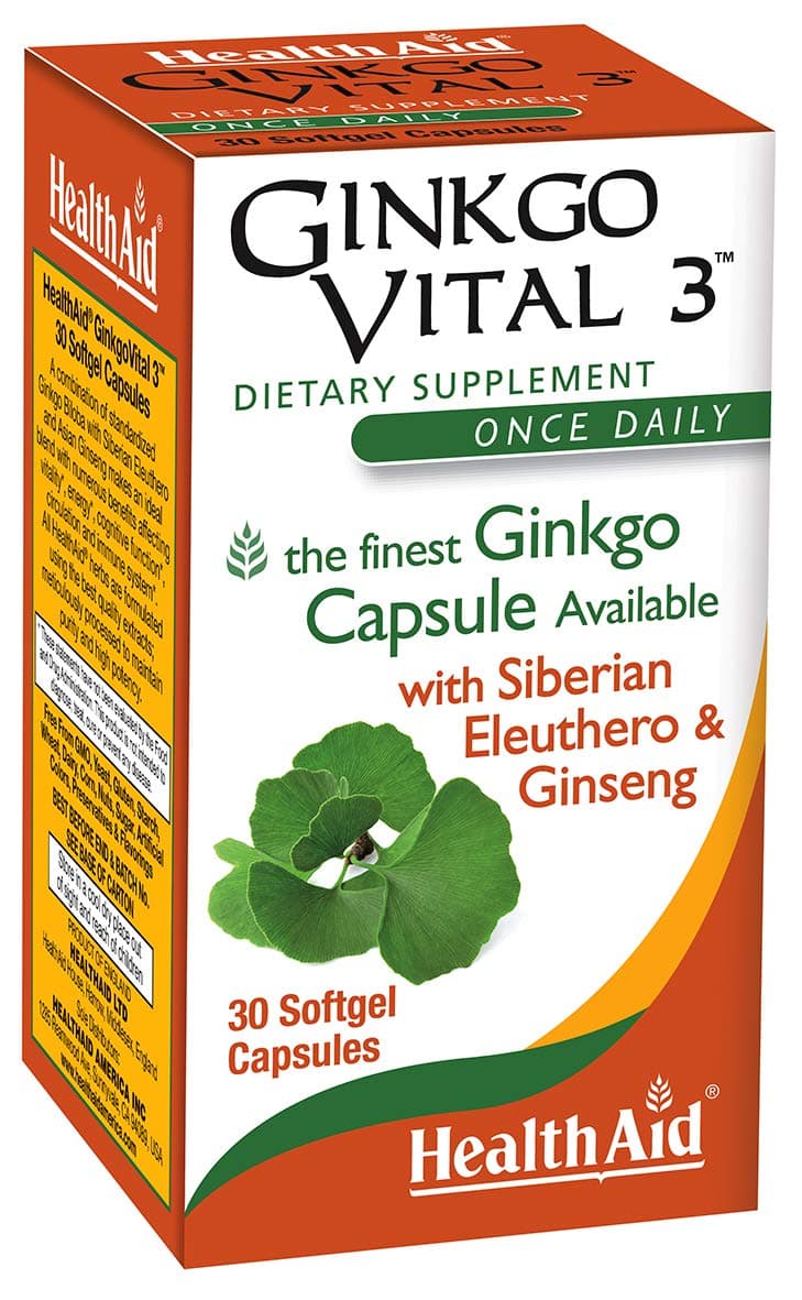 HealthAid Ginkgo Vital 3 – Once-Daily Softgel with Ginkgo Biloba, Siberian Eleuthero & Korean Ginseng | Supports Mental Clarity & Circulation | 30 Softgels