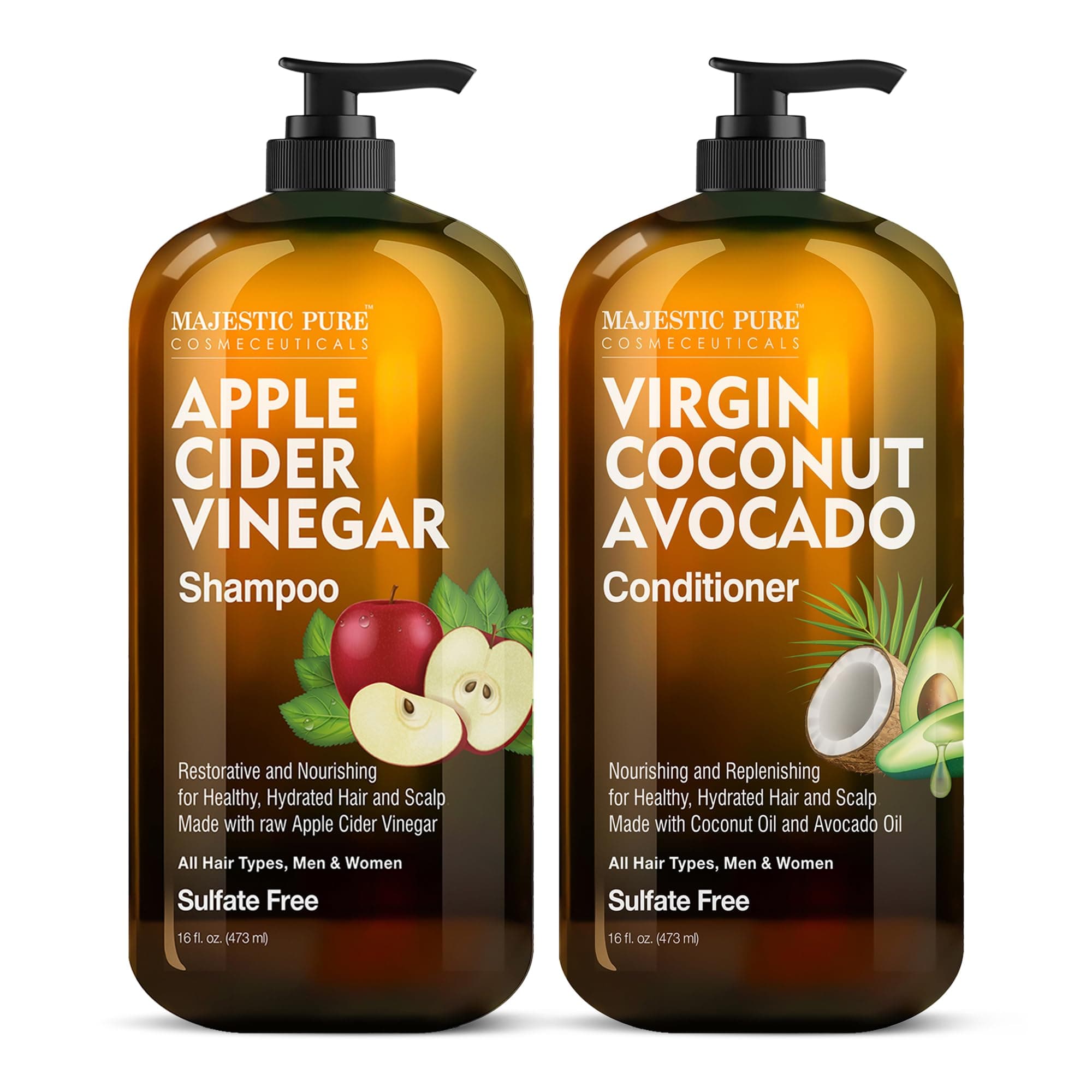 Apple Cider Vinegar Shampoo and Conditioner Set - Restores Shine & Reduces Itchy Scalp, Dandruff & Frizz - Paraben & Sulphate Free, for All Hair Types, Men and Women - 2 x 470ml
