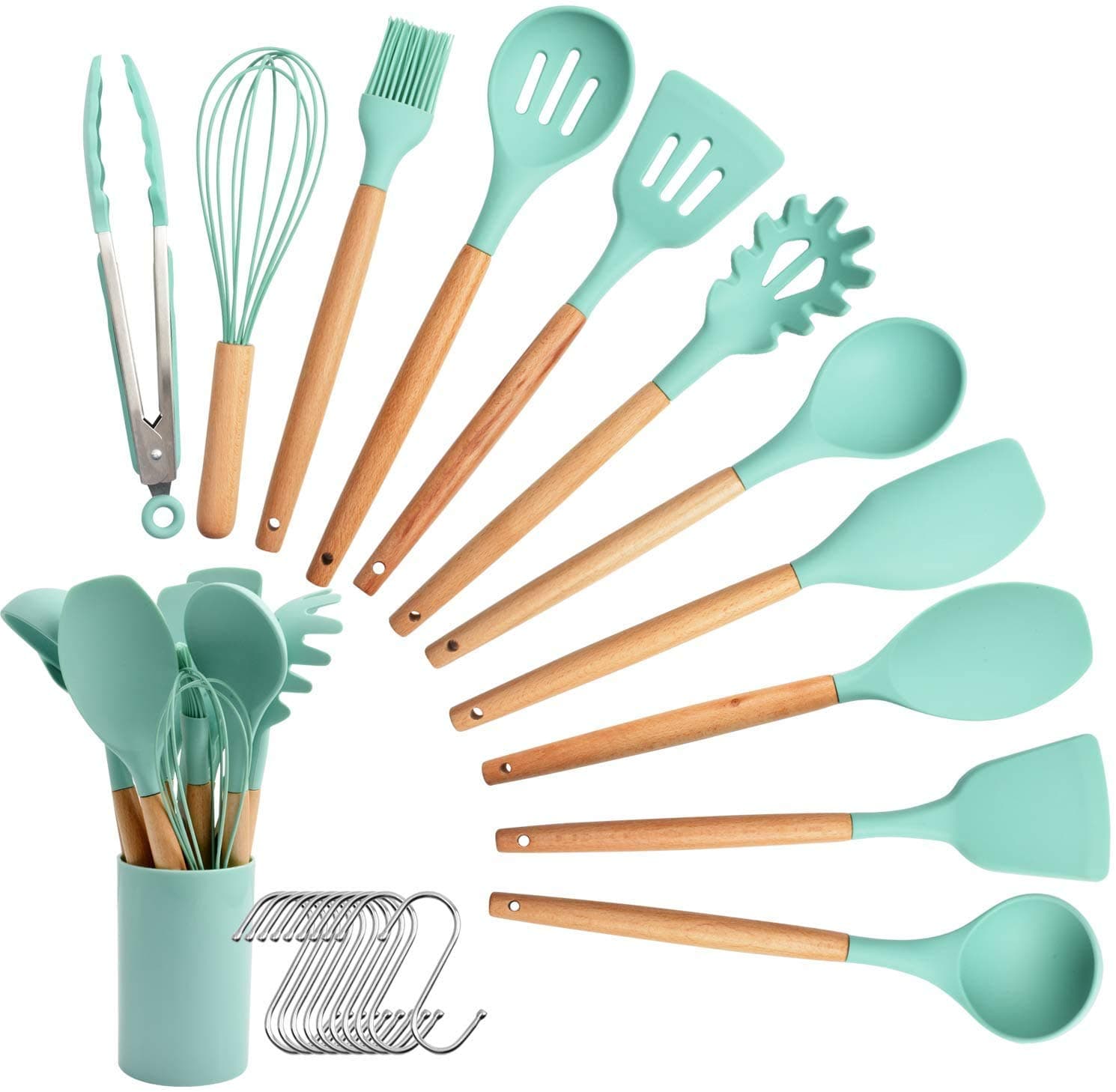 Silicone Cooking Utensil Set, 12PCS Kitchen Utensil Spatula Set Wooden Handle Cooking Tools Nonstick Cookware BPA Free Turner Tongs Spatula Spoon Kitchen Gadgets with Holder (Mint Green)--QQ510637638
