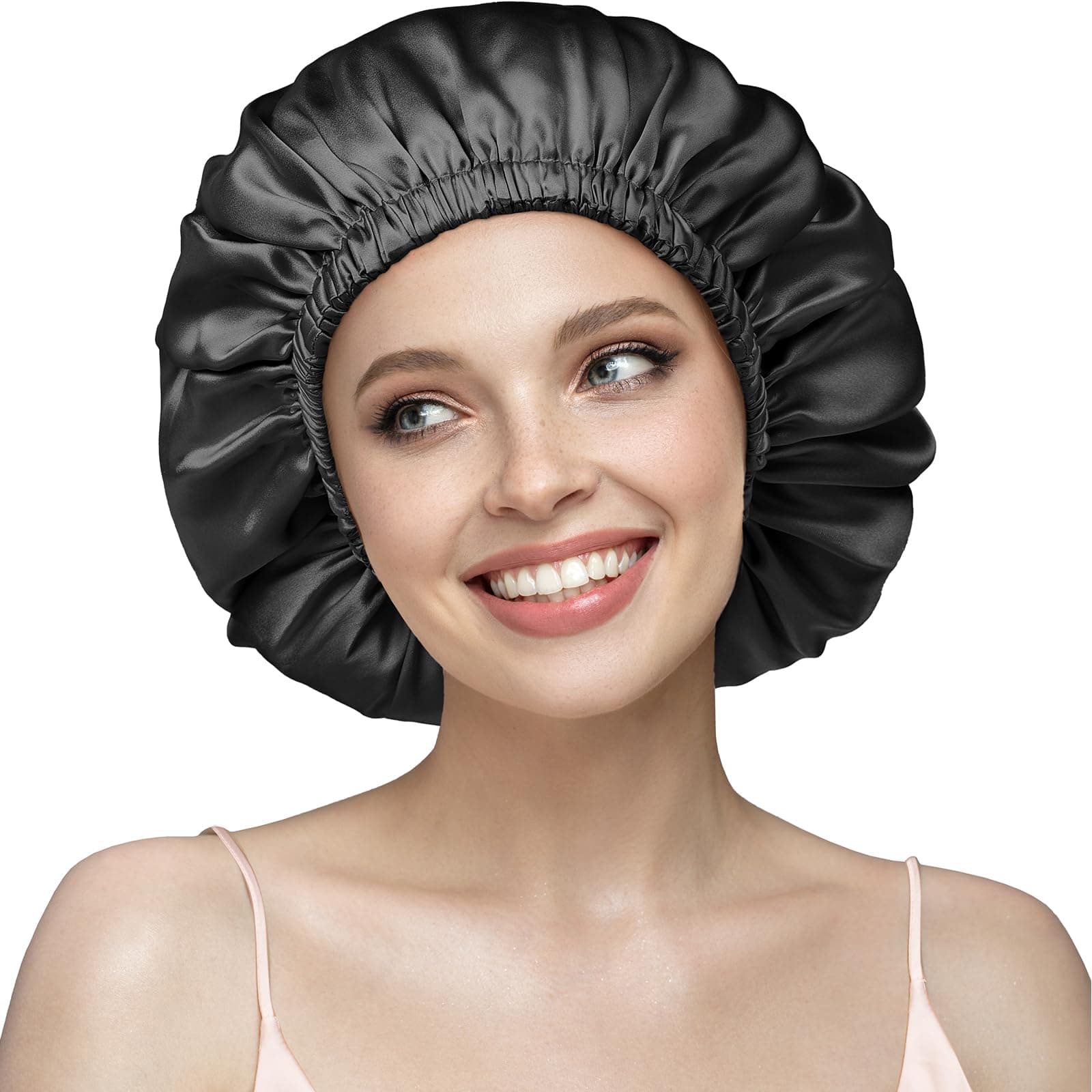YFONG Double Layered 100% Silk Bonnet for Women, 22 Momme Pure Mulberry Silk Sleep Cap with Adjustable Elastic Band Stay On Head,Reduce Frizz, Keep Hairstyle, Soft & Breathable, Black, M
