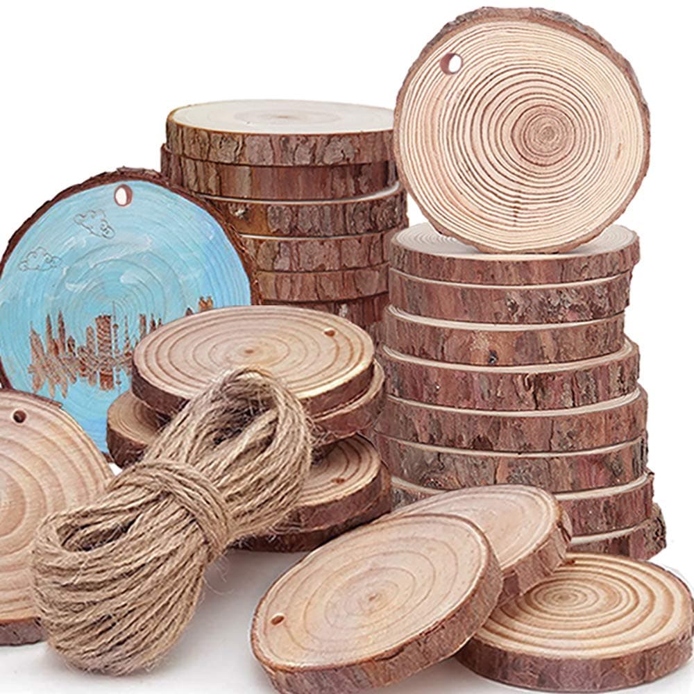 Unfinished Natural Wood Slices 30 Pcs 2.4-2.8 Inches Wood Kit Wooden Predrilled Christmas Ornaments Wedding DIY Decoration Craft with Hole