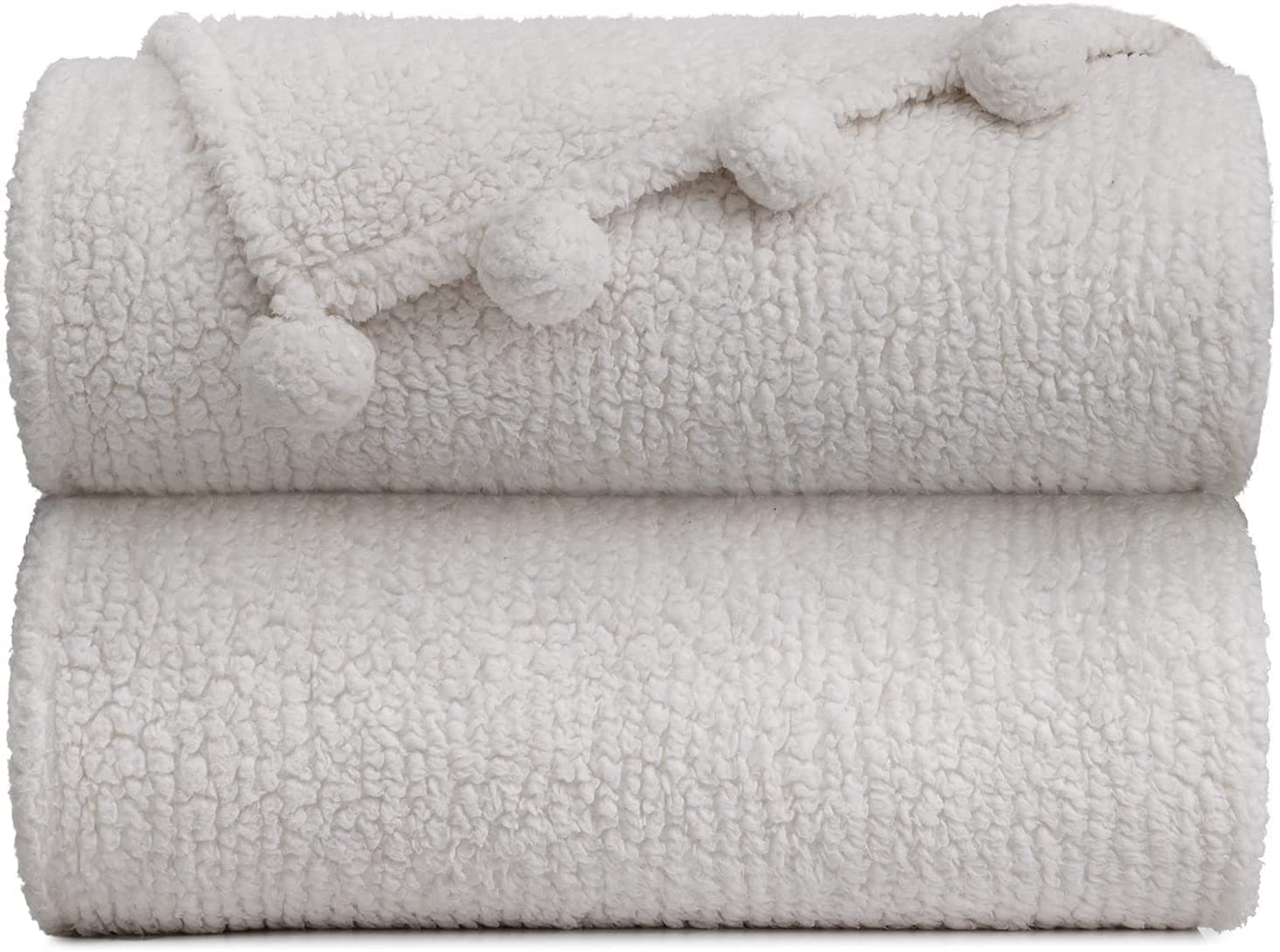 Sherpa Throw 50”x60” Blanket for Couch - 60x80, Ivory White with Pom Poms - Fuzzy, Fluffy, Plush, Soft, Cozy, Warm - Perfect Throw 50”x60”s for Bed, Sofa, Couches