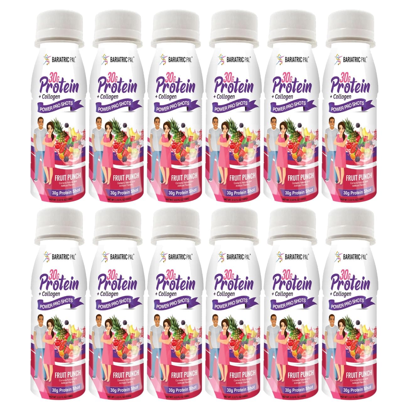 BariatricPal 30g Whey Protein & Collagen Sugar-Free Power Pro Shots - Fruit Punch (12 Bottles)