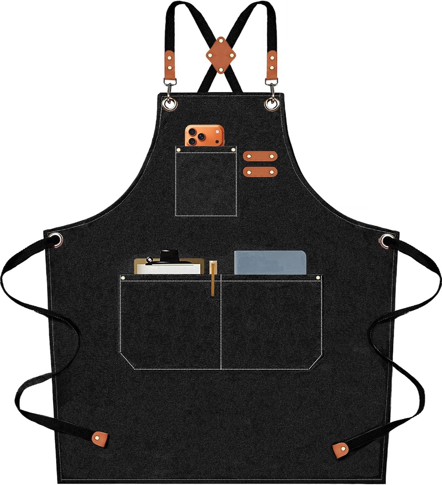 AFUN Chef Aprons for Men Women with Oversized Pockets, 16-Ounce Cotton Canvas Cross Back Heavy Duty Work Apron (Black)