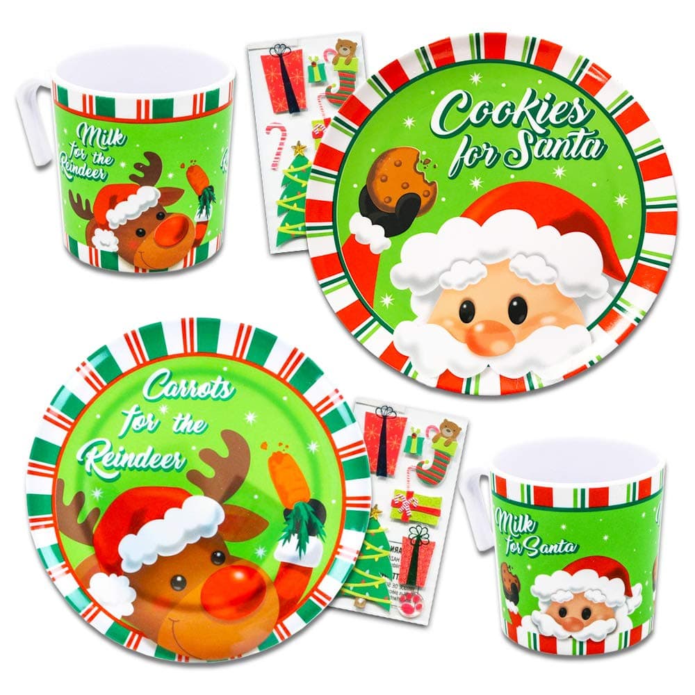 Cookies for Santa Plate Set, 5 Pc -- 2 Christmas Plates, 2 Milk Cups and Christmas Stickers (Santa Set)