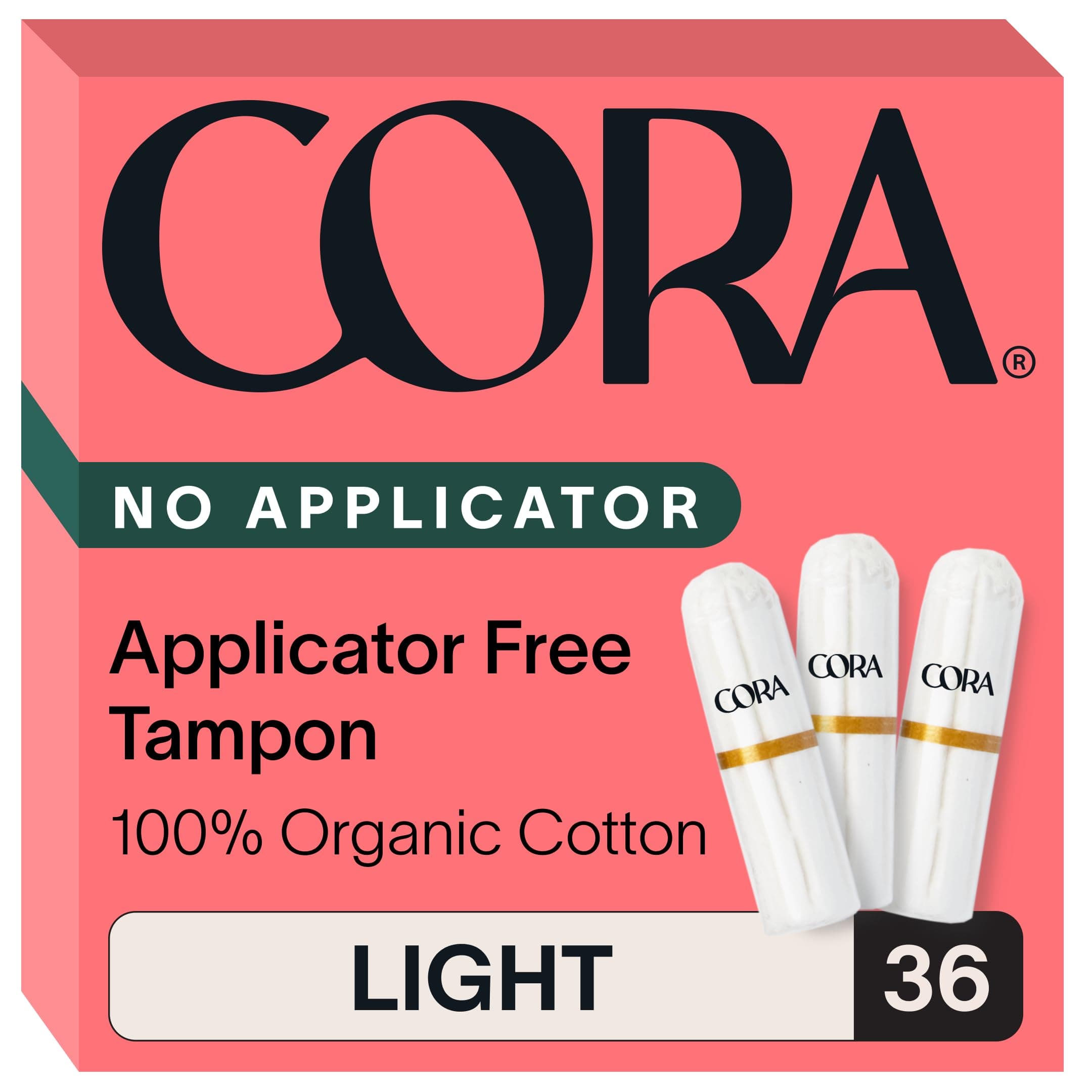 Cora Non-Applicator Tampons - 100% Organic Cotton | Ultra-Absorbent, Unscented, Natural, Non-Toxic, Applicator Free | Eco-Conscious (36 Light Tampons)