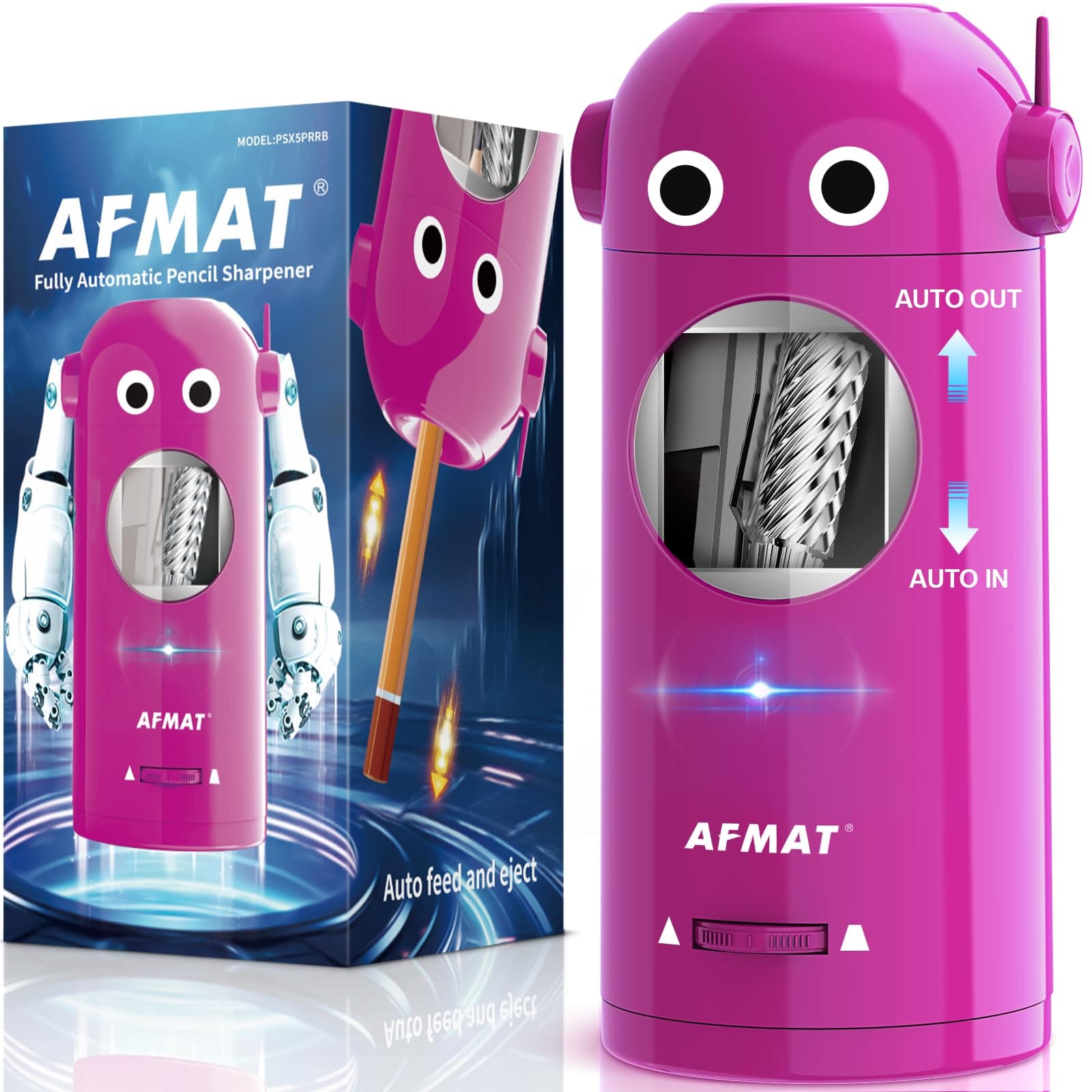 AFMAT Electric Pencil Sharpener for Colored Pencils 7-11.5mm, Fully Automatic Robot Pencil Sharpener, Auto in & Out, Rechargeable Hands-Free for Classroom/Home/Office, Battery Operated, PSX5RB, Pink
