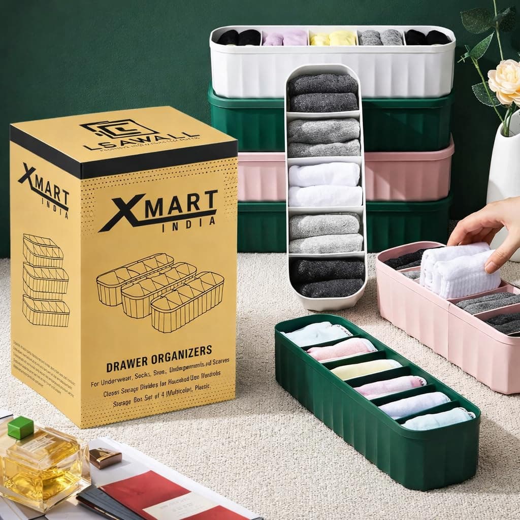 Drawer Organizers for Underwear, Socks, Bras, Ties, Undergarments, and Scarves - Closet Storage Dividers for Household Use Wardrobe Storage Box Set of 4 (Multicolor), Plastic