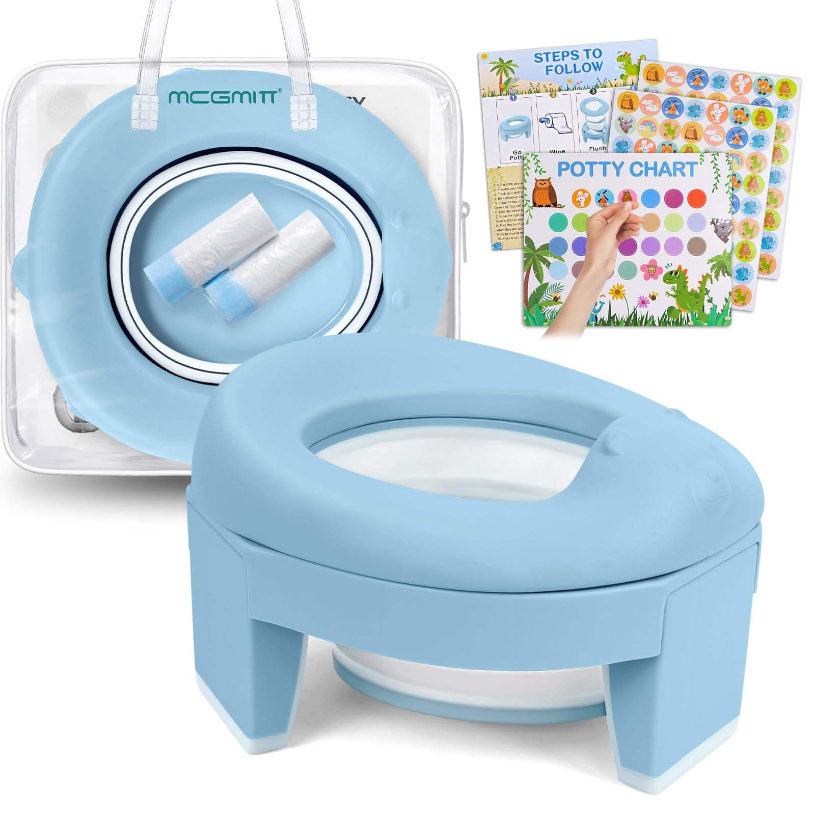 MCGMITT Potty Training Toilet Seat for Toddlers Boys Girls, Portable Baby Toilet Folding Kids Potty Chair Cover with Splash Guard for Travel, Including 3 Non-Slip Feet and Storage Bag (Blue)