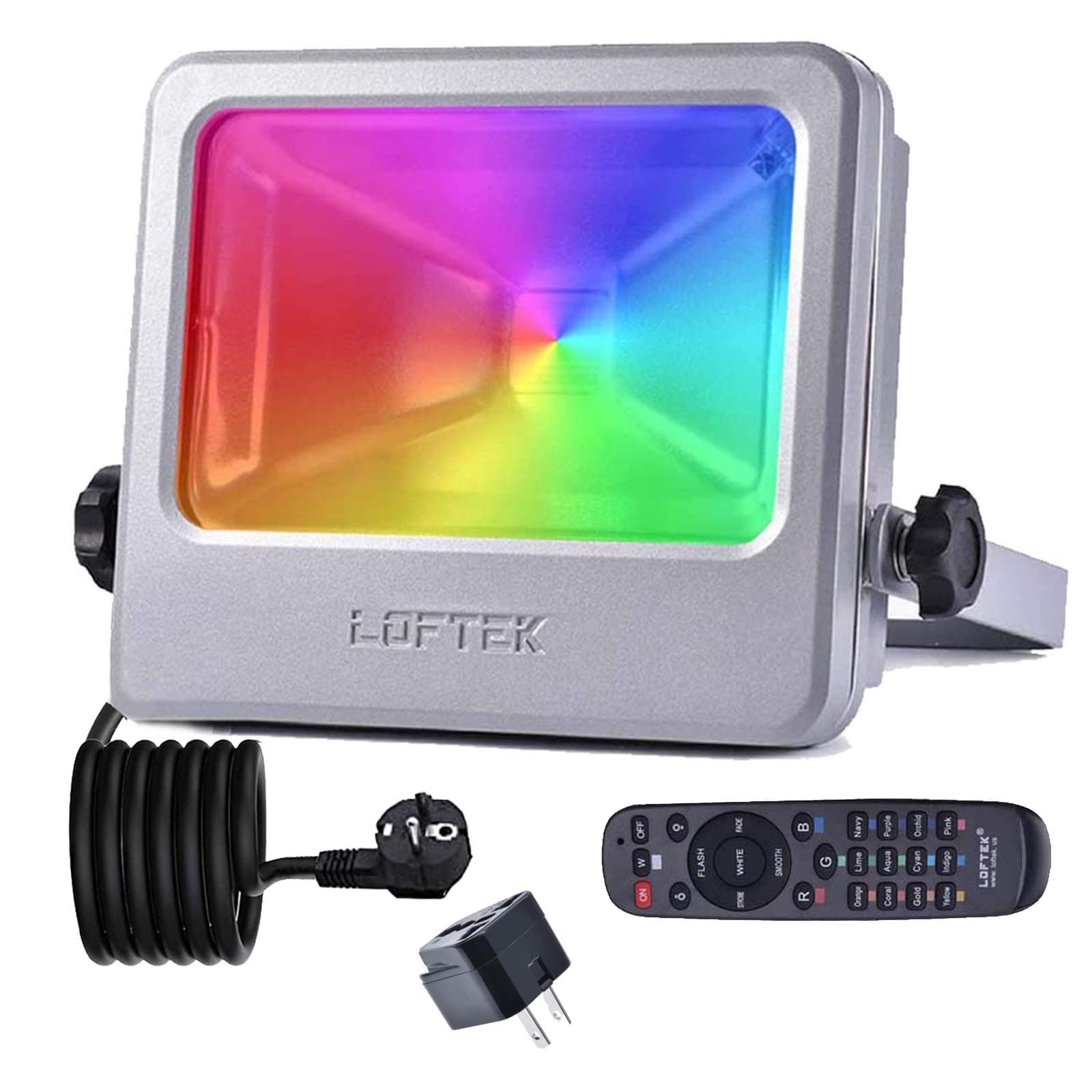 LOFTEK Nova S RGB LED Flood Light, Outdoor IP66 Waterproof Explosion-Proof Glass Color Changing Light with Remote Control, Wall Washer Light, 3.9 Feet Wire with Plug, Silver