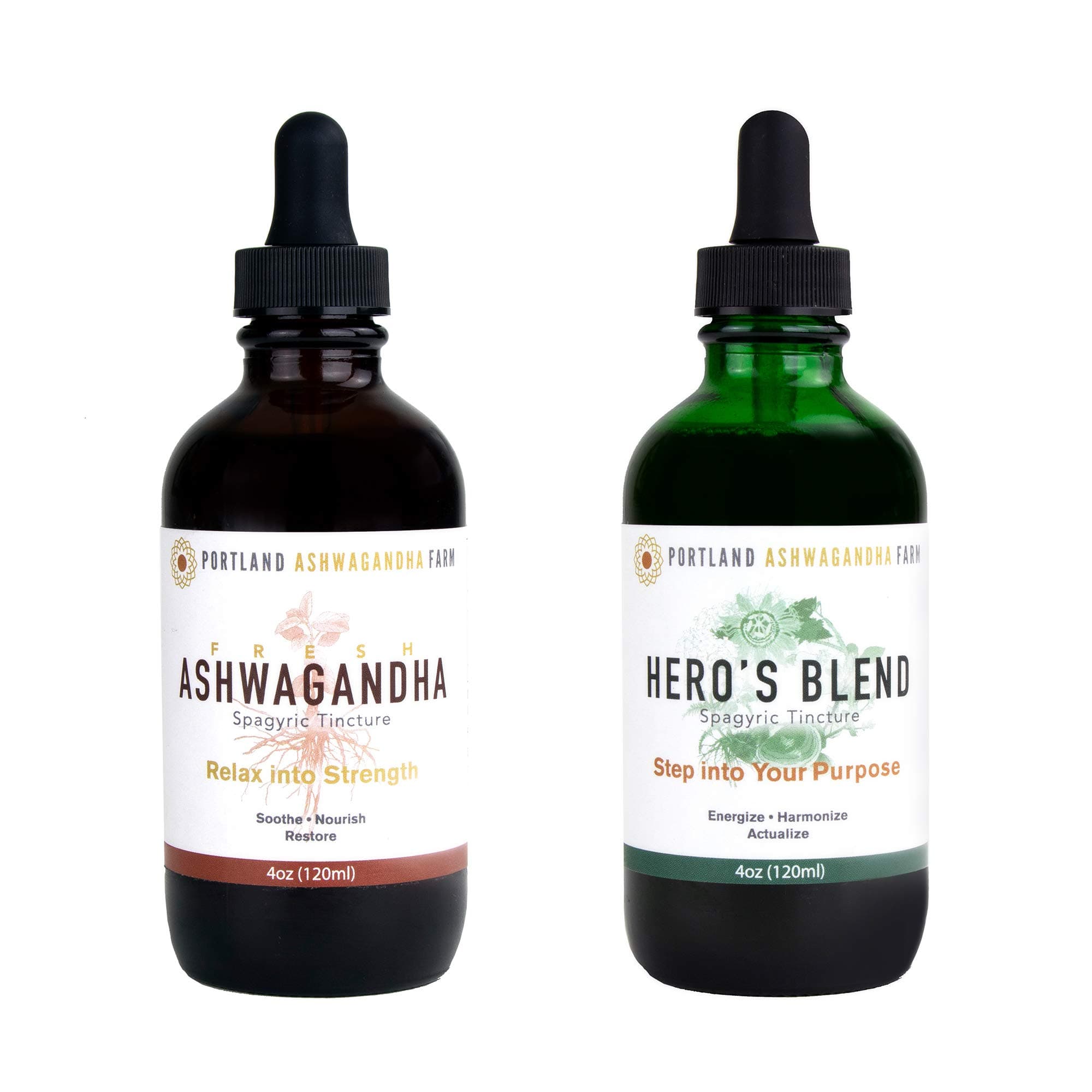 Bundle - Fresh (not Dried) Ashwagandha Adaptogenic Ayurvedic Liquid Tincture for Enhanced Absorption + Hero's Blend Tincture 4oz
