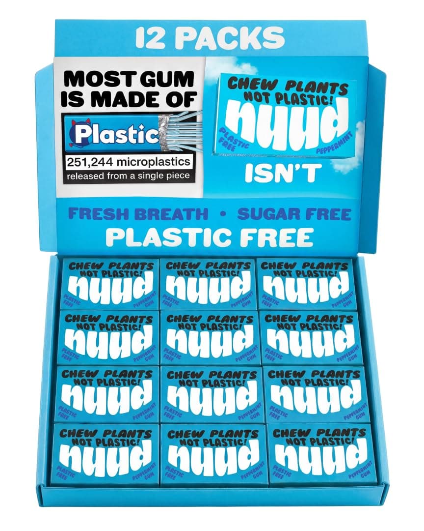 Plastic Free Chewing Gum | Plant Based | Aspartame Free | Xylitol | Biodegradable | Sugar Free Chewing Gum | 12 Packs of 9 Pieces (Peppermint)