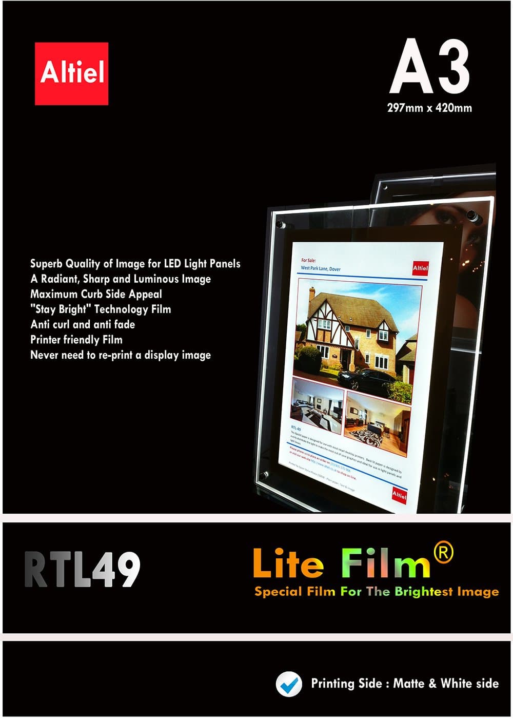 RTL49 - A3 x 10 Sheets of Back Lite Film for Any Inkjet & Laser Printers or Laser Copiers. Back lit Paper Sheet for LED Pocket Displays or LED Lightboxes. Backlit Film for LED Window Displays.