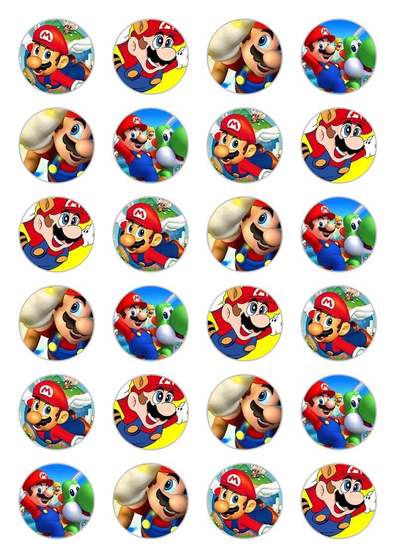 24 x Mario Celebration Edible Paper Cupcake Toppers Cake Decorations