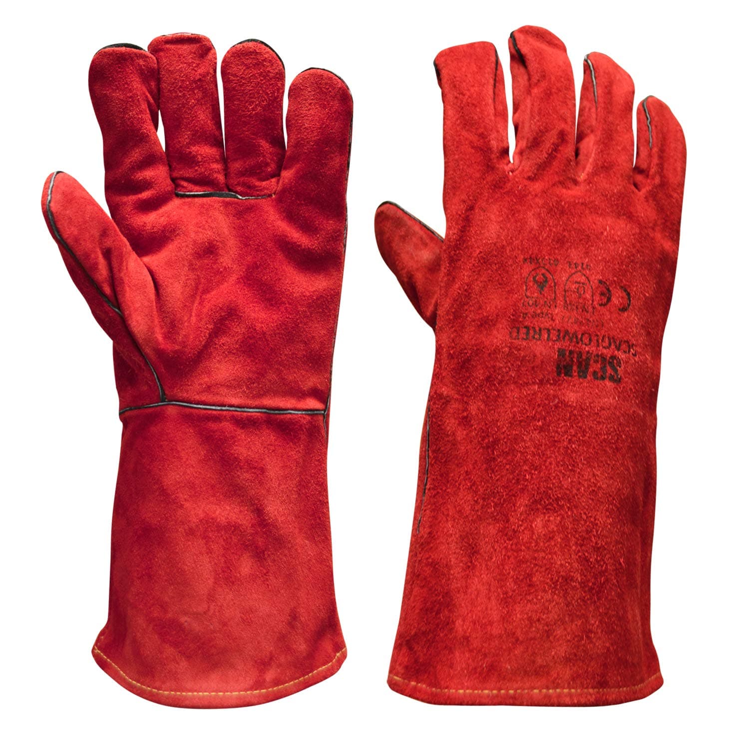 SCAGLOWELRED Welders Gauntlets, Red, 35cm (14in) Cowsplit leather with Kevlar Stitching, Heat Resistant